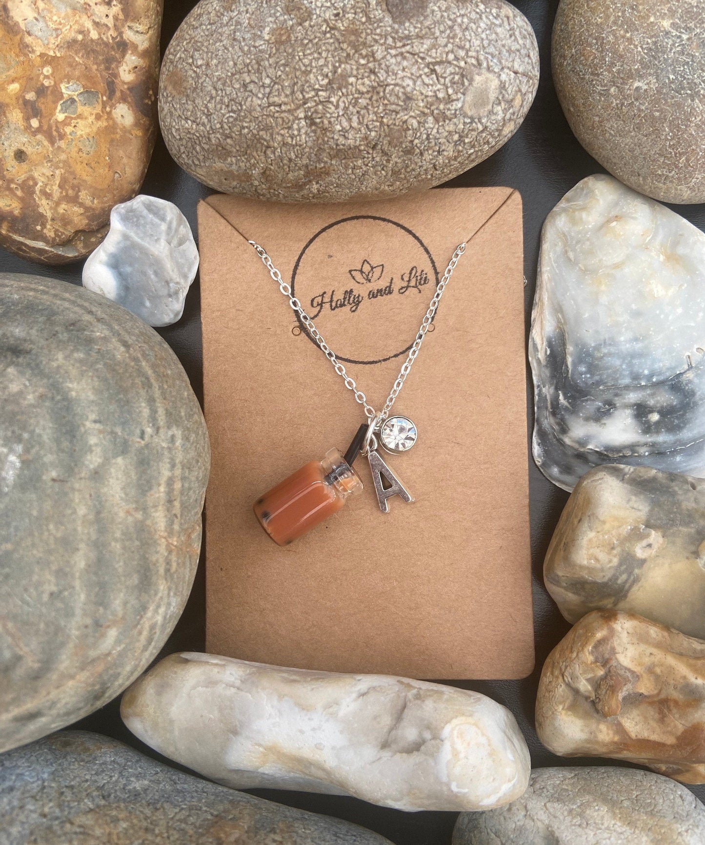 Bubble Tea Boba Brown Personalised Pendant Charm Necklace, Alphabet Initials, Birthstone Charm, Boba Brown Milk Tea, Cute First Necklace