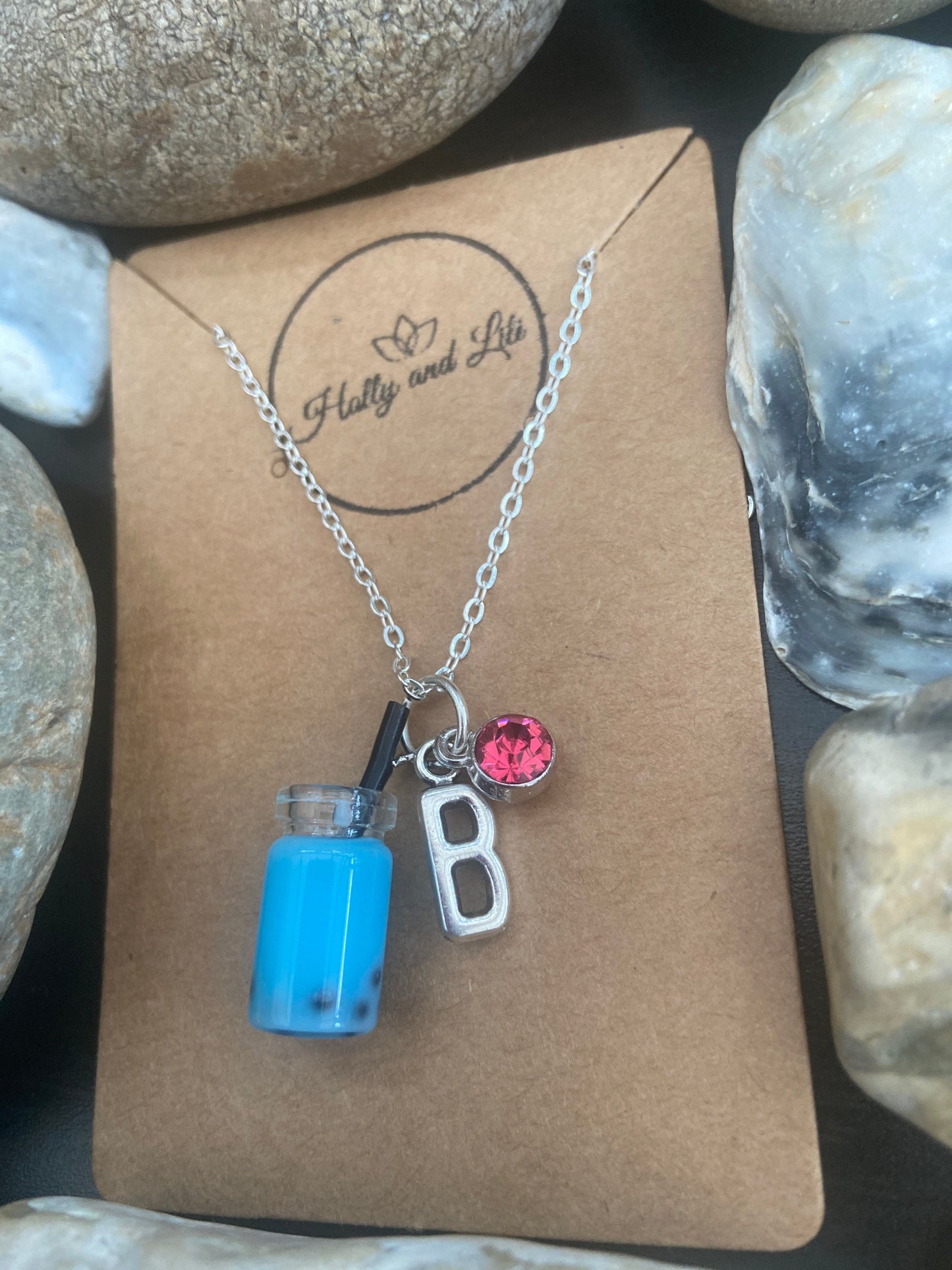 Bubble Tea Boba Dark Blue Personalised Pendant Charm Necklace, Alphabet Initial, Birthstone Charm, Novelty Milk tea Chain, Cute gift For