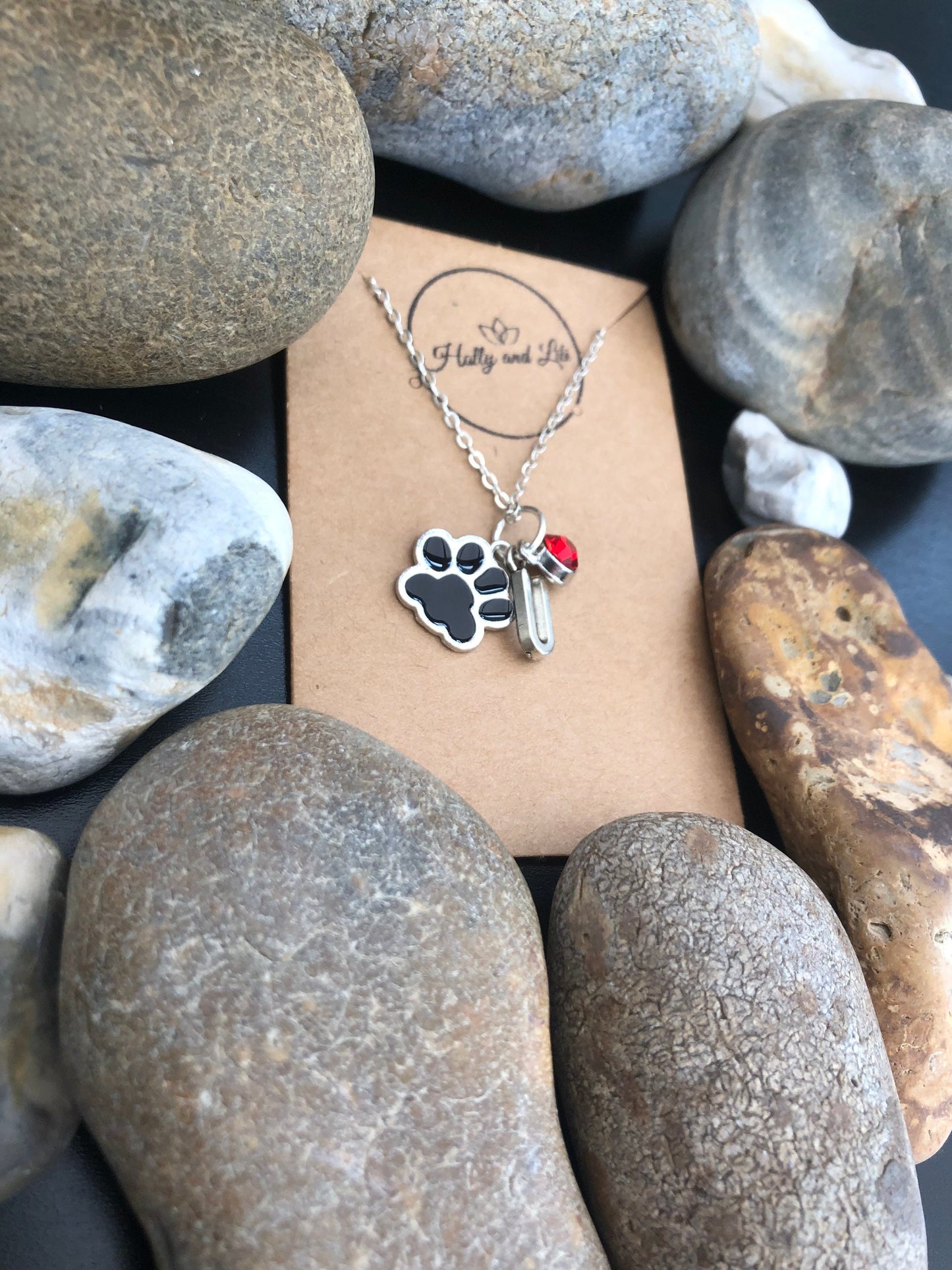 Paw Print Animal Personalised Pendant Charm Necklace, Alphabet Initials, Birthstone Charm, Black Dog Print, Animal Lover, Doggy Gift, Cute