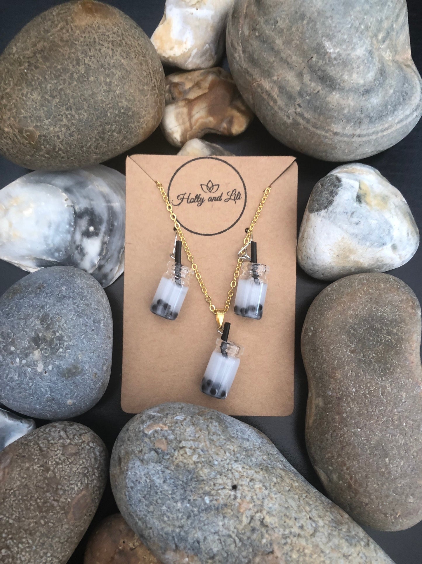 Bubble Tea Novelty Necklace & Earring White colour Set, Boba Jewellery Set, White Bubble Tea Earrings And Necklace, Milk Tea, Bubble Tea