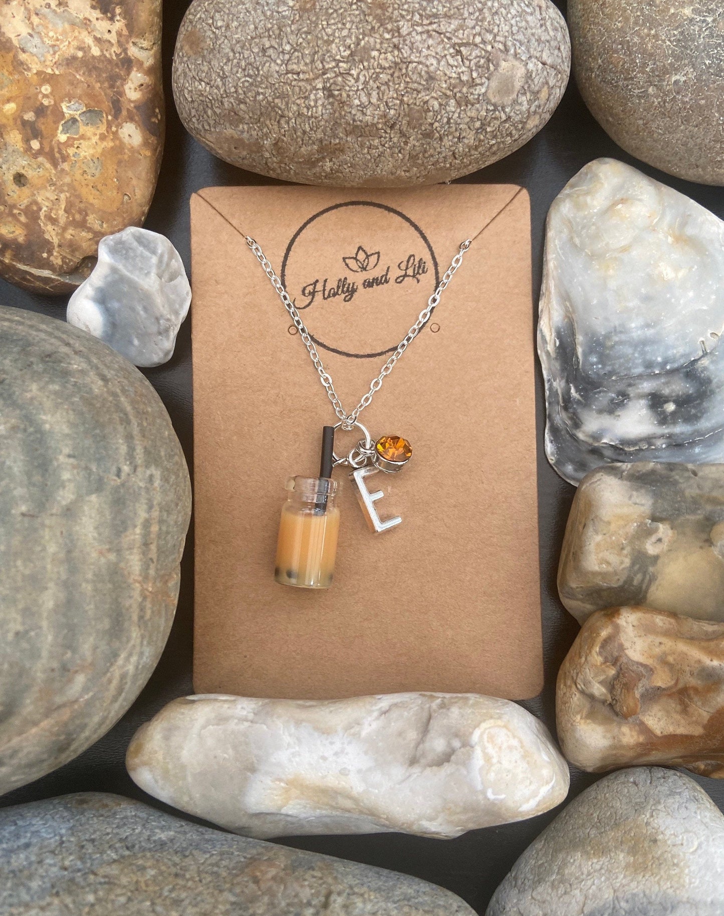 Bubble Tea Boba Orange Personalised Pendant Charm Necklace, Alphabet Initials, Birthstone Charm, Boba Orange Milk Tea, Cute Novelty Gifts