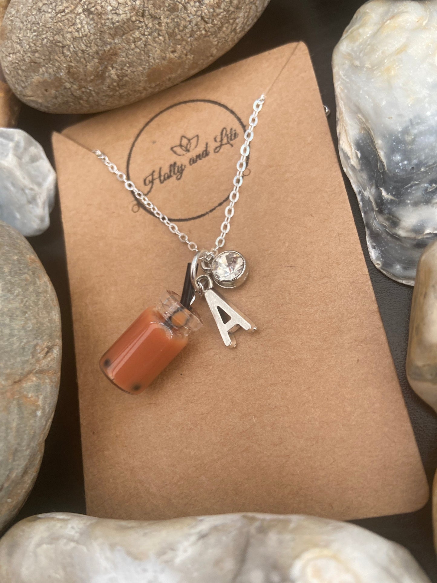 Bubble Tea Boba Brown Personalised Pendant Charm Necklace, Alphabet Initials, Birthstone Charm, Boba Brown Milk Tea, Cute First Necklace