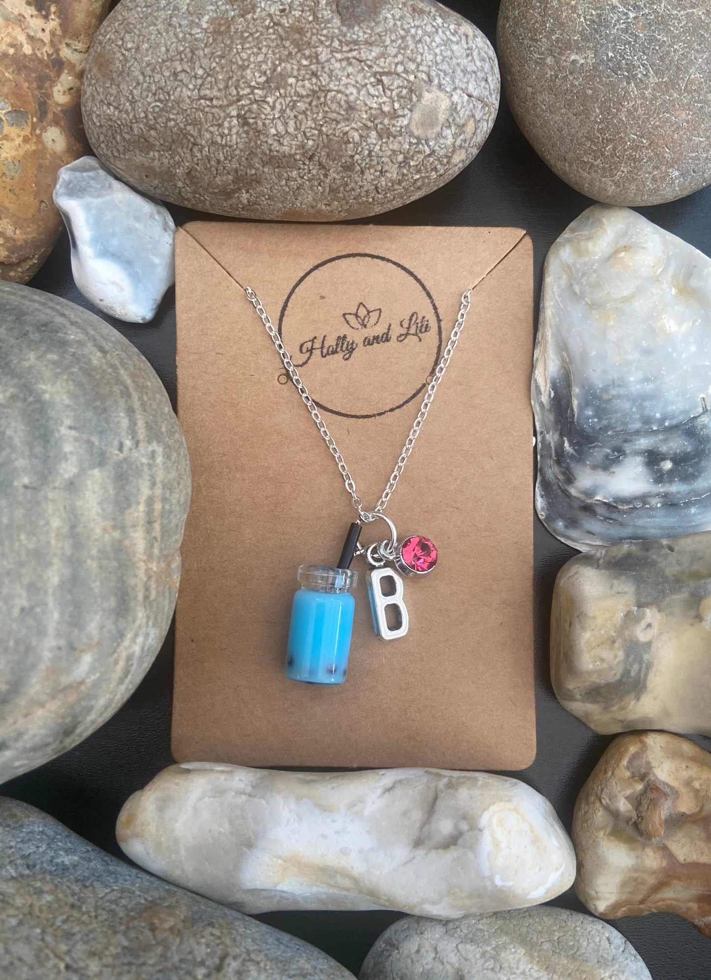 Bubble Tea Boba Dark Blue Personalised Pendant Charm Necklace, Alphabet Initial, Birthstone Charm, Novelty Milk tea Chain, Cute gift For