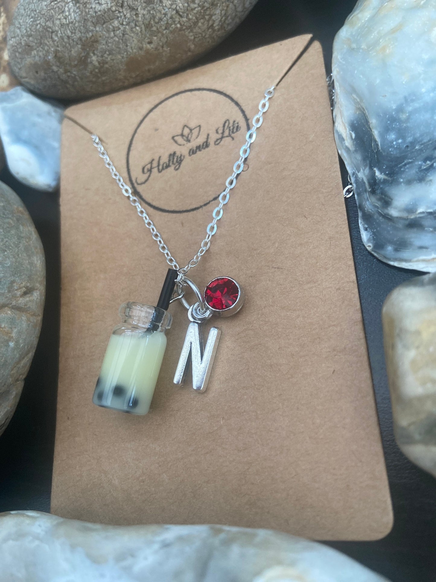 Cream Bubble Tea Boba Personalised Pendant Charm Necklace - personalise Your Alphabet Initials & Birthstone Charm From Holly And Lili