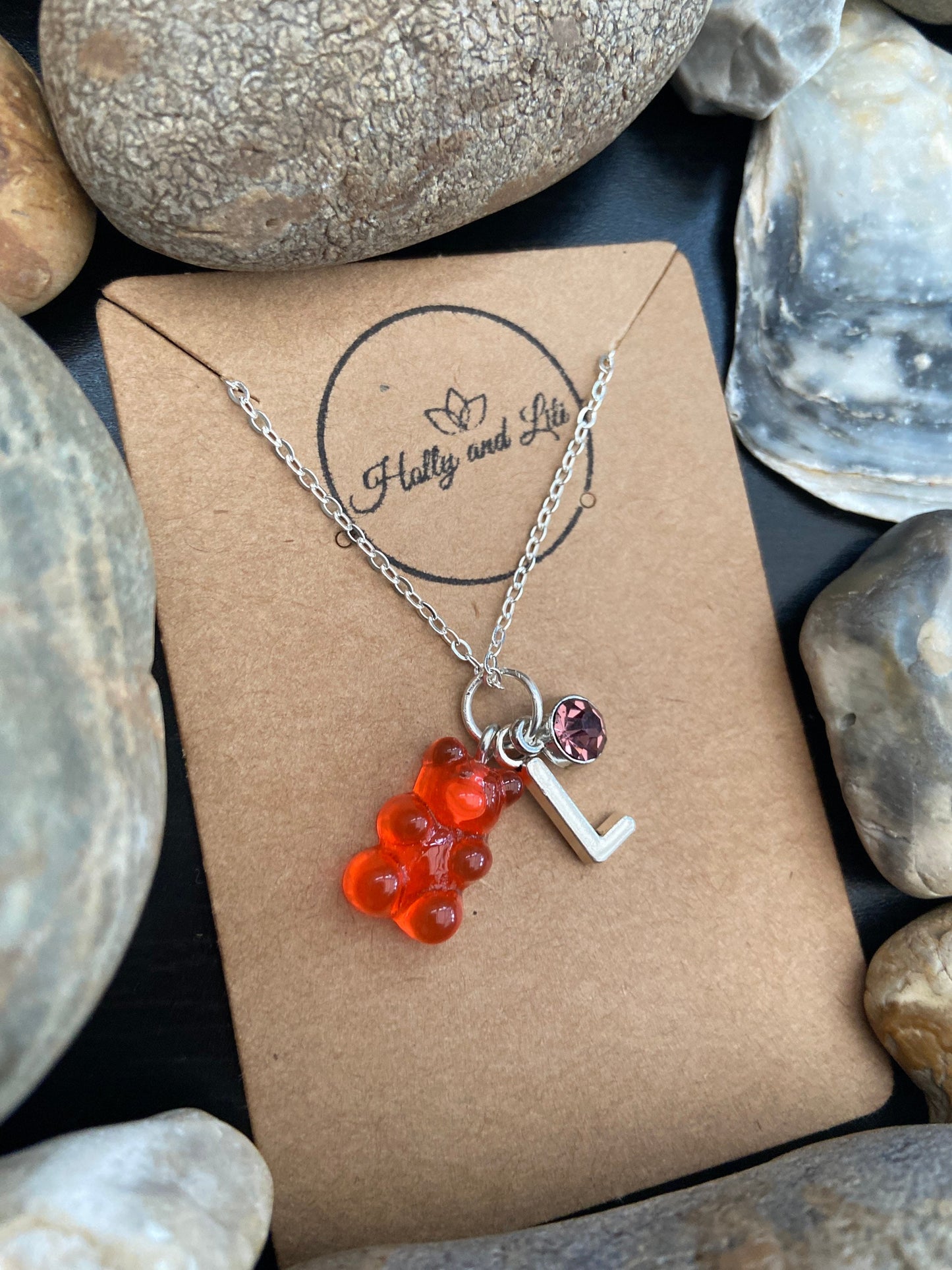 Gummy Bear Red Personalised Pendant Charm Necklace, Alphabet Initials, Birthstone Charm, Teddy Bear Chain, Red Bear, Cute Gift for Her