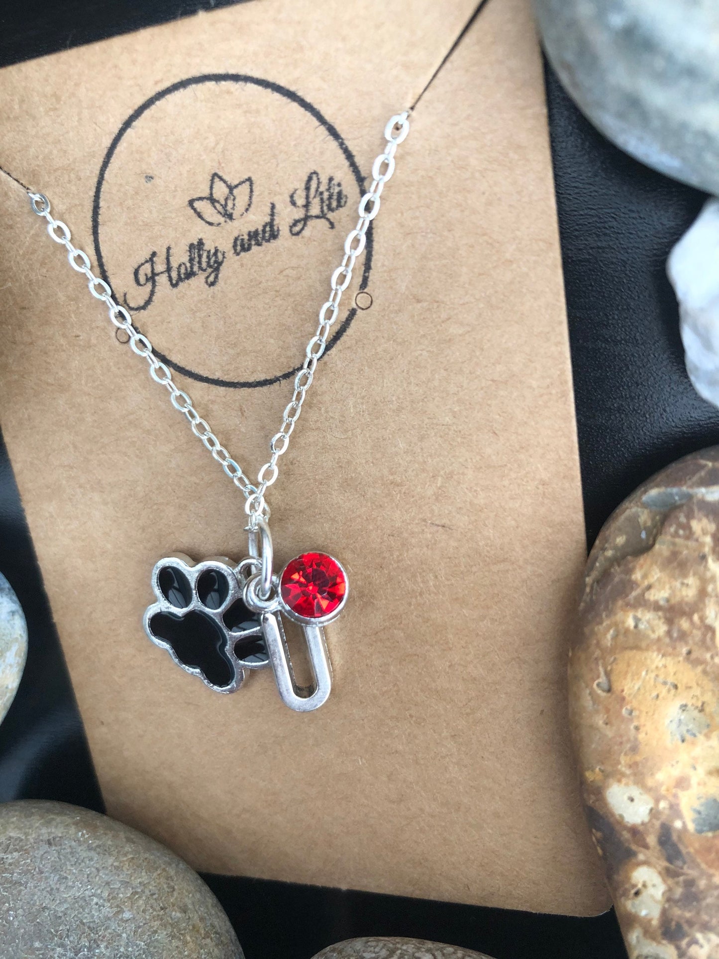 Paw Print Animal Personalised Pendant Charm Necklace, Alphabet Initials, Birthstone Charm, Black Dog Print, Animal Lover, Doggy Gift, Cute