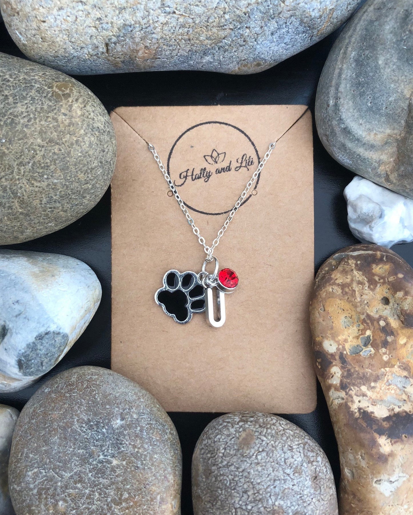 Paw Print Animal Personalised Pendant Charm Necklace, Alphabet Initials, Birthstone Charm, Black Dog Print, Animal Lover, Doggy Gift, Cute