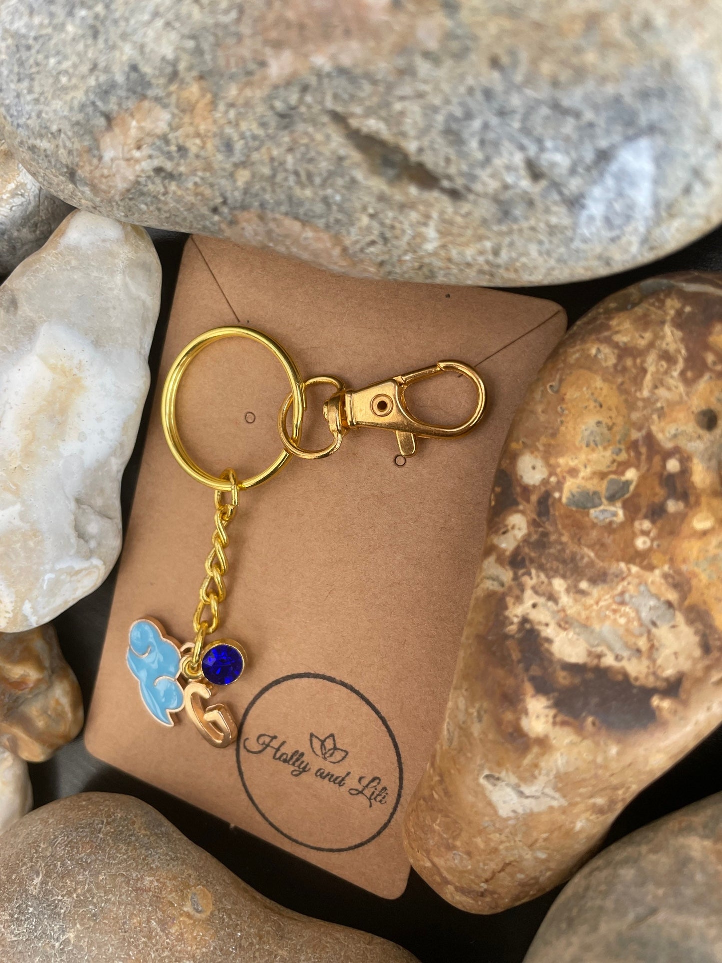 Cloud Style Blue Personalised Weather Gold Keyring, Blue Clouds Keychain, Alphabet Initials Zipper Chain, Birthstone Charm Keyrings For Her