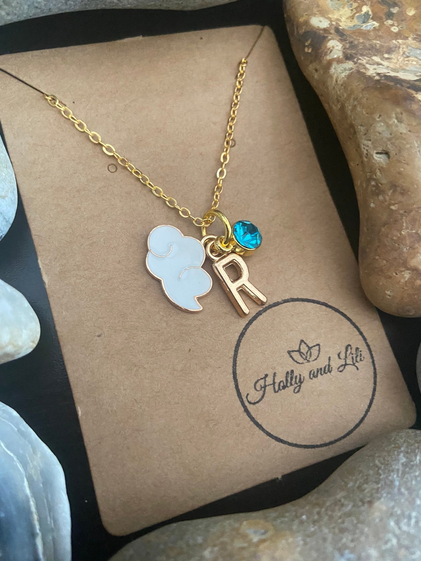 Cloud White Style Personalised Pendant Charm Gold Necklace, Alphabet Initials, Birthstone Charm, Clouds Charm, Cloudy Chain, Cute Unique