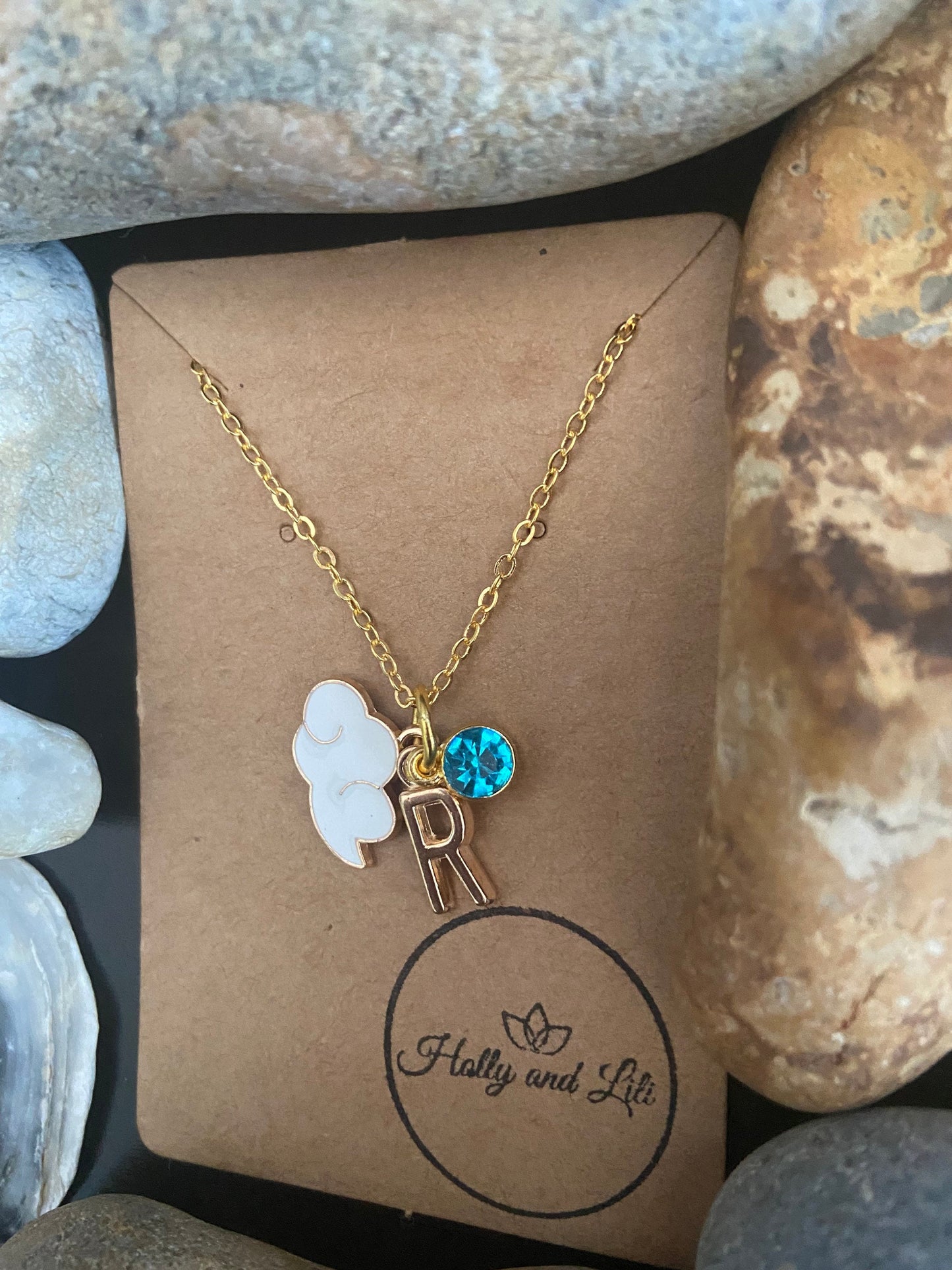 Cloud White Style Personalised Pendant Charm Gold Necklace, Alphabet Initials, Birthstone Charm, Clouds Charm, Cloudy Chain, Cute Unique