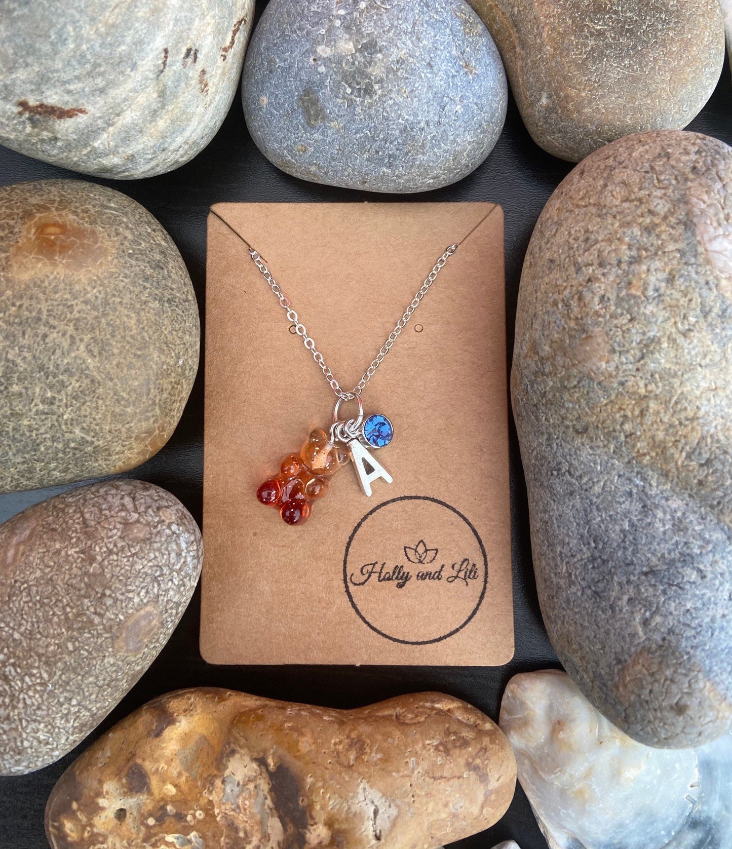 Gummy Bear Brown & Clear Style, Personalised Pendant Charm Necklace, Alphabet Initials, Birthstone Charm, First Necklace, Gift For Daughter