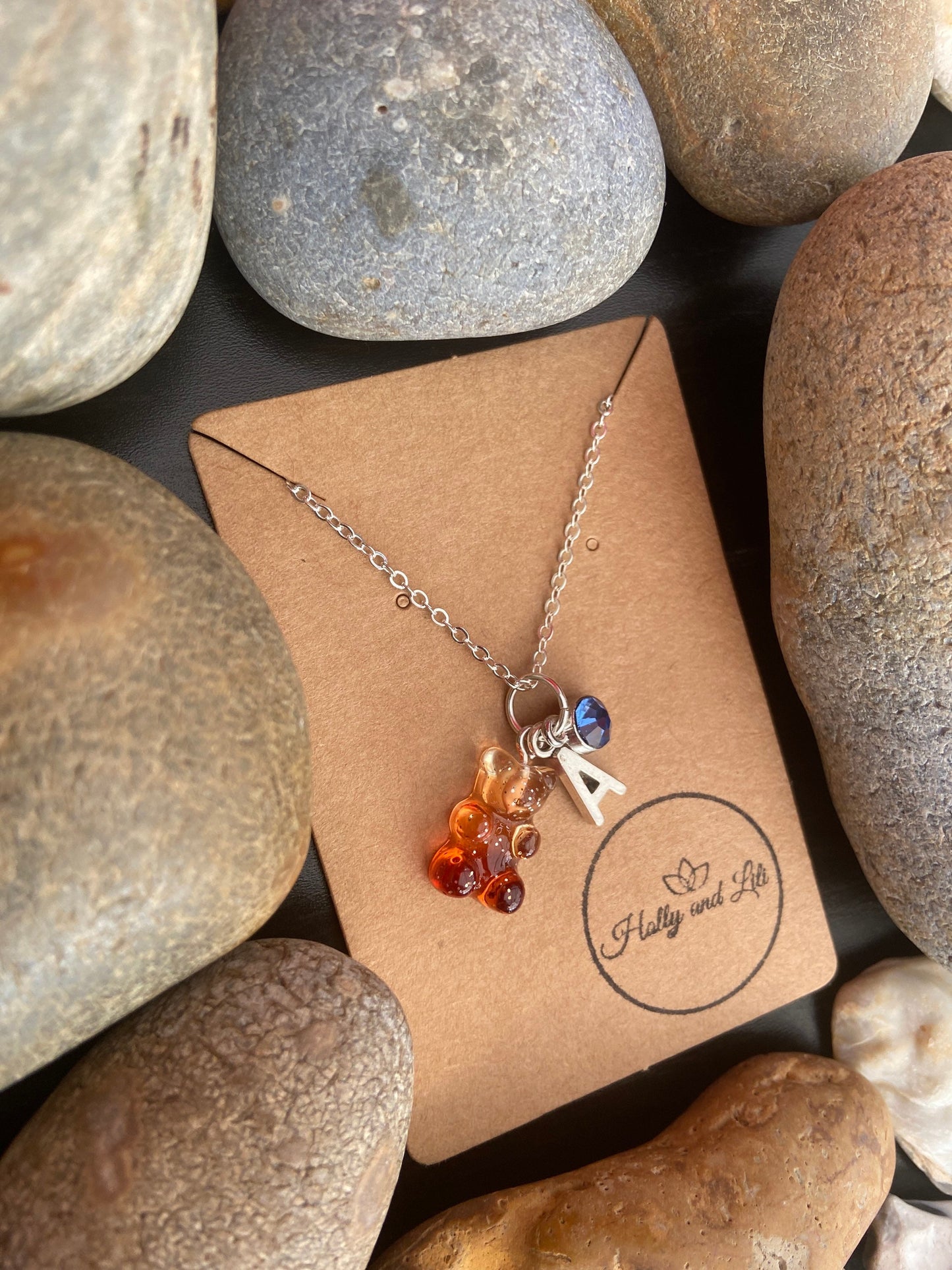Gummy Bear Brown & Clear Style, Personalised Pendant Charm Necklace, Alphabet Initials, Birthstone Charm, First Necklace, Gift For Daughter
