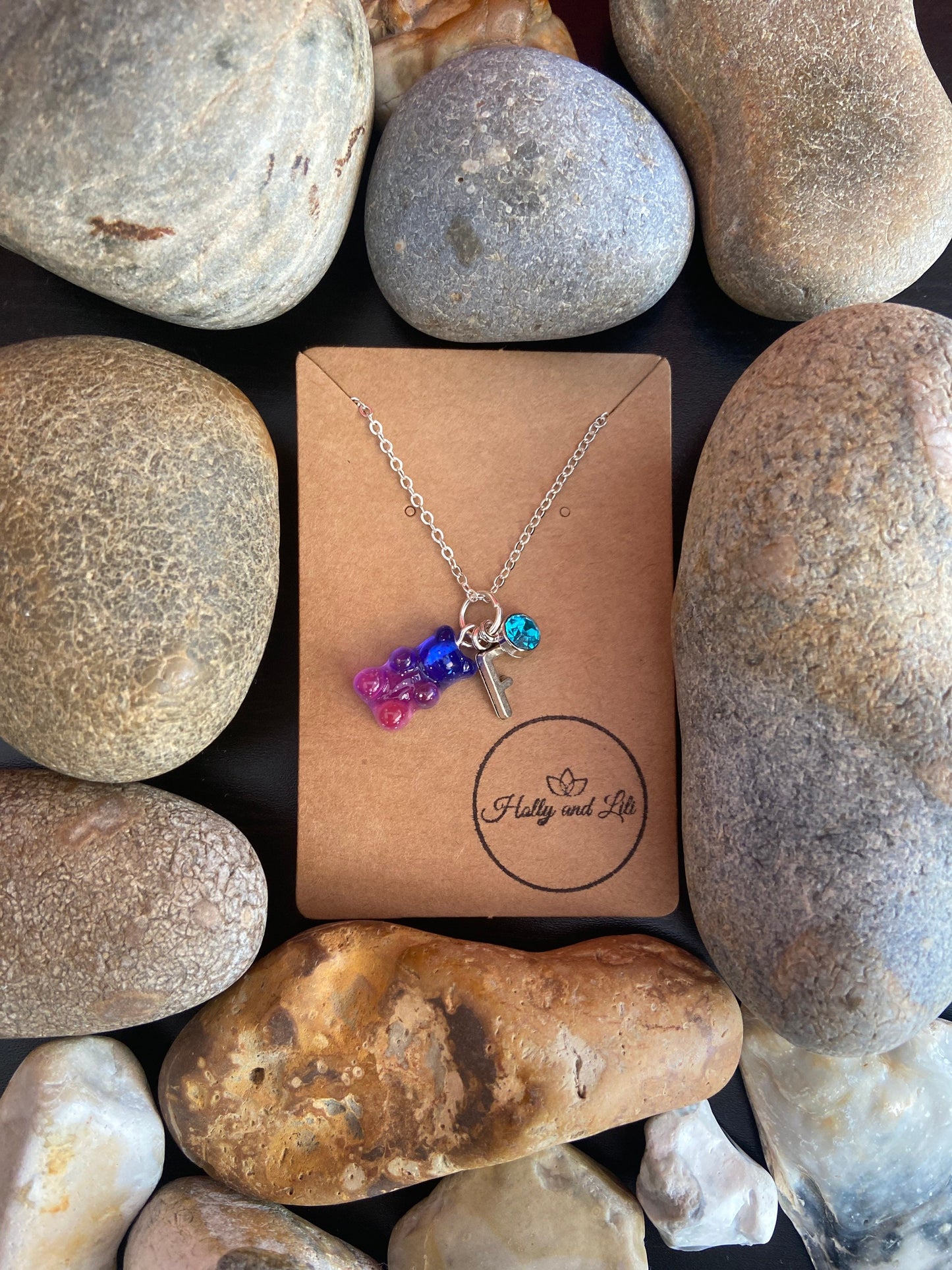 Gummy Bear Blue-Pink, Personalised Pendant Charm Necklace, Alphabet Initials, Birthstone Charm, First Necklace, Cute Unique Gifts, Daughter