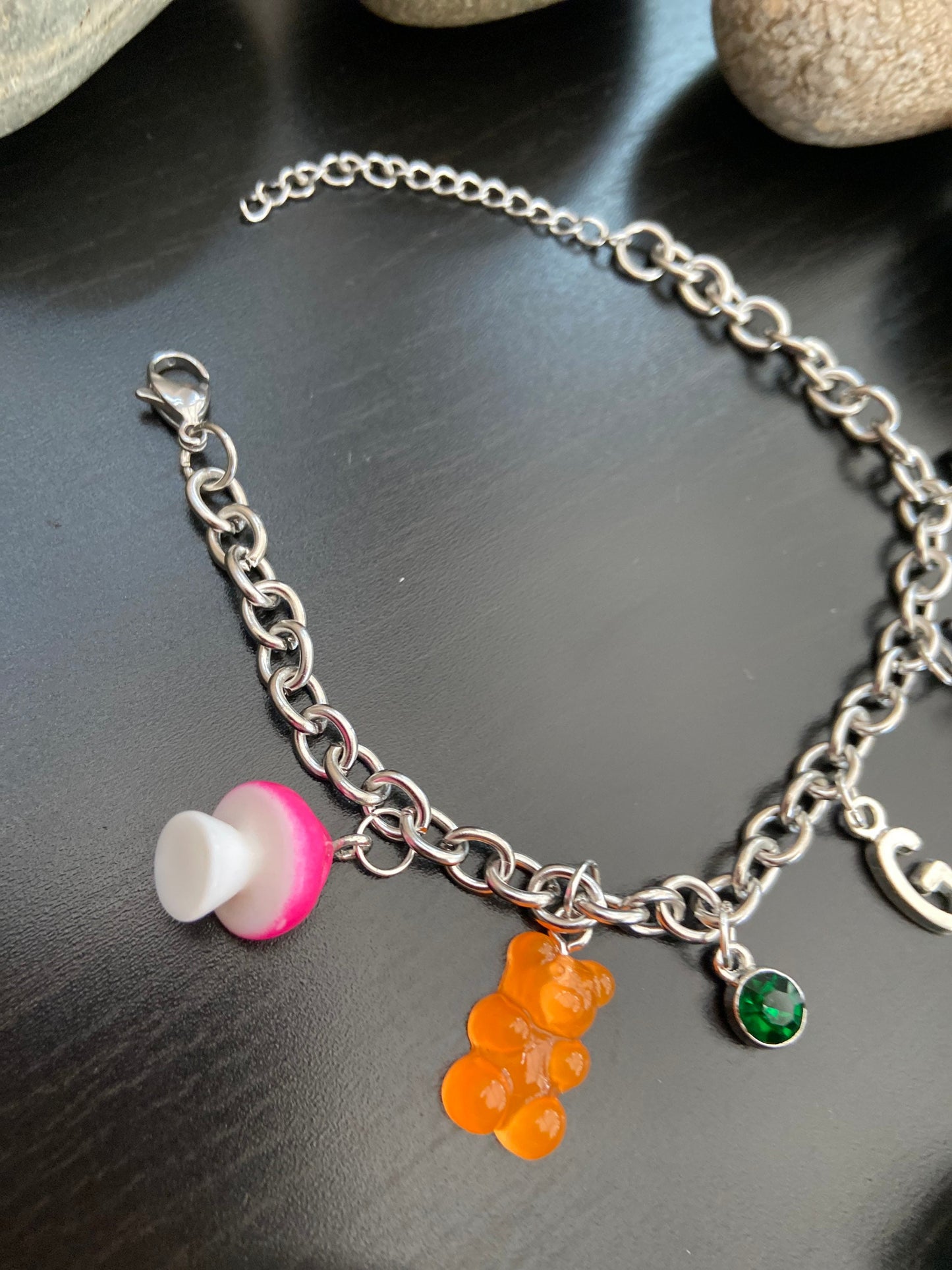 Bracelet Novelty Personalised Alphabet Initial Birthstone Charm Bubble Tea Gummy Bear Mushroom & Fruit Water