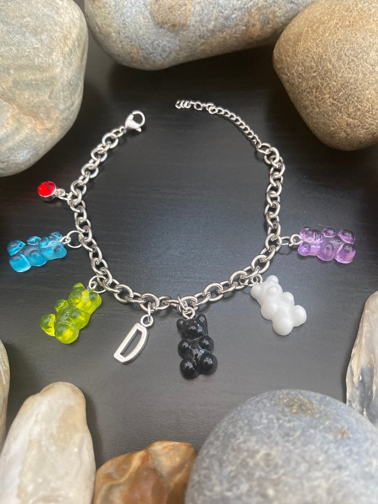 Bracelet Novelty Personalised, Gummy Bear, Alphabet Initial, Birthstone Charm, 5 Gummy Bear Charms, First Bracelet, Anklet, Gift For Her