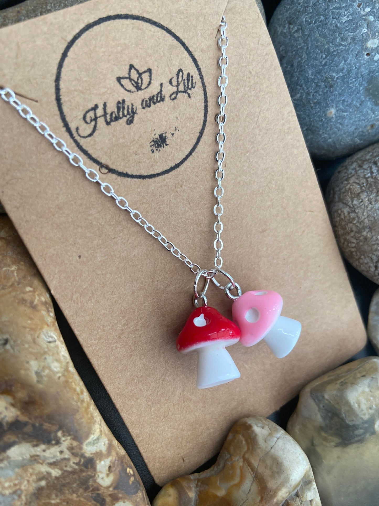 Mushroom 2 Charm Necklace, 8 Colours, Personalised Novelty Mushroom Pendant Necklace, First Necklace, Cute Unique Gifts, From Holly And Lili