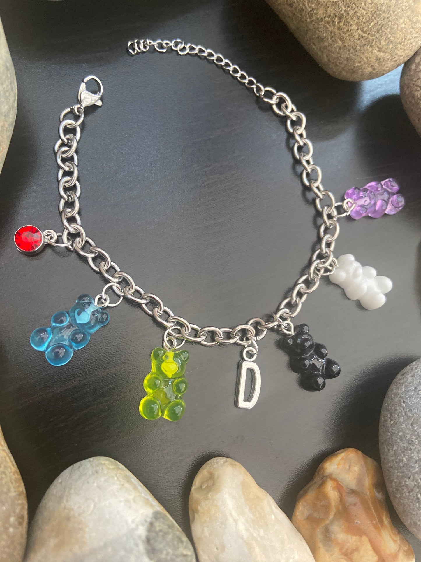 Bracelet Novelty Personalised, Gummy Bear, Alphabet Initial, Birthstone Charm, 5 Gummy Bear Charms, First Bracelet, Anklet, Gift For Her