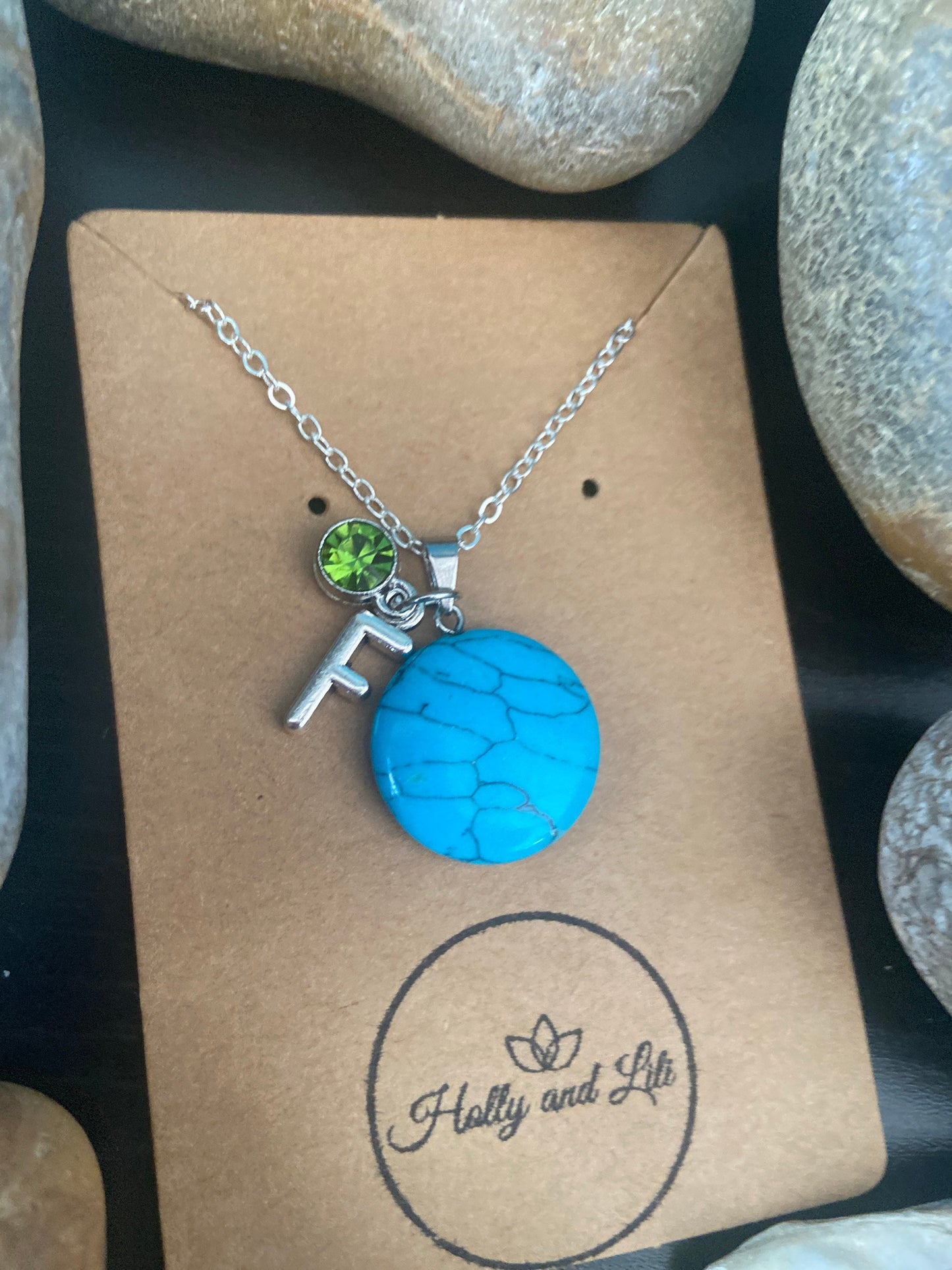 Bohemian Blue Personalised Pendant Necklace, Alphabet Initial, Birthstone Charm, Round Crystal Charm, crystal Agates, Sand Stone Chains