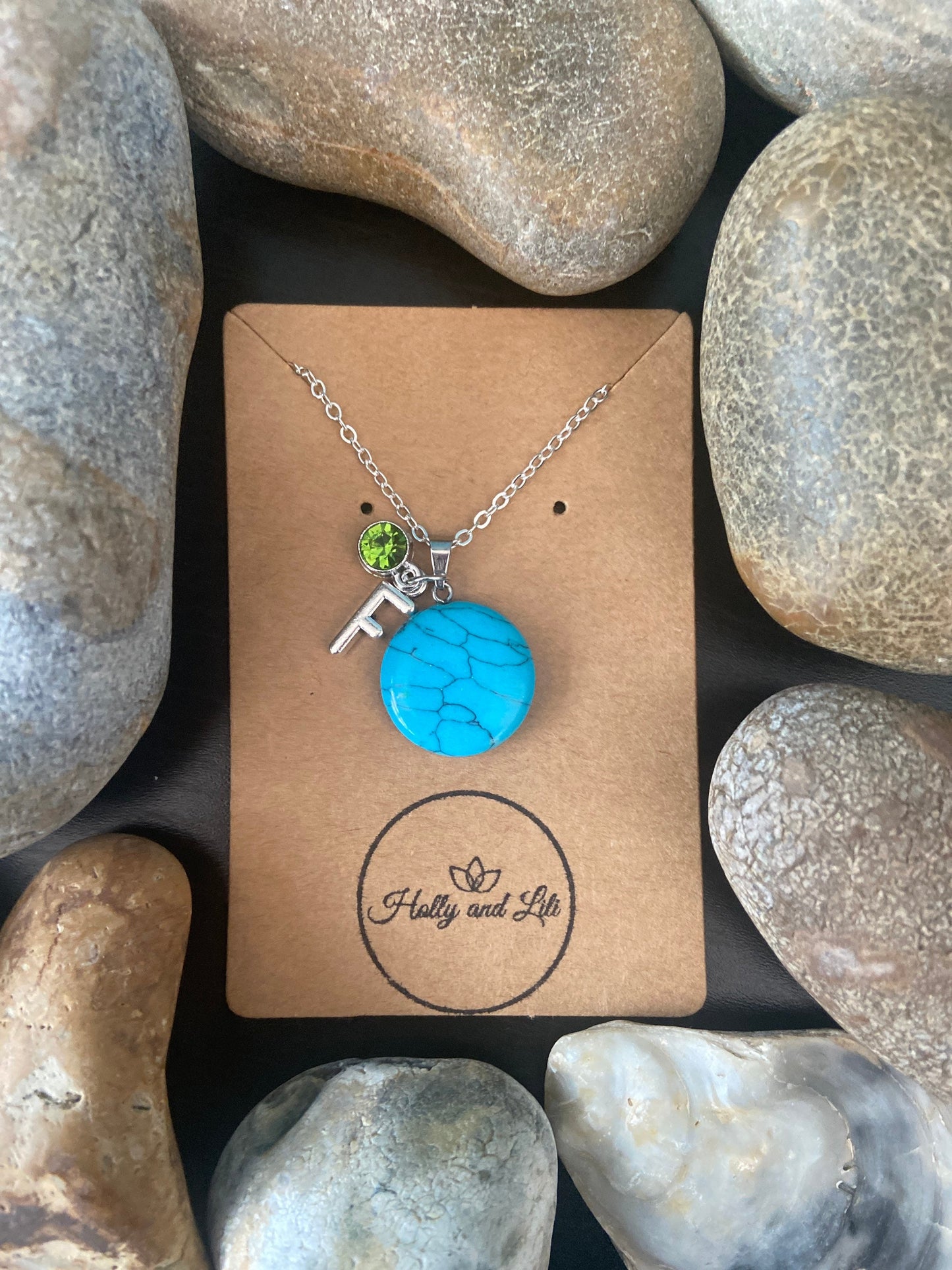 Bohemian Blue Personalised Pendant Necklace, Alphabet Initial, Birthstone Charm, Round Crystal Charm, crystal Agates, Sand Stone Chains