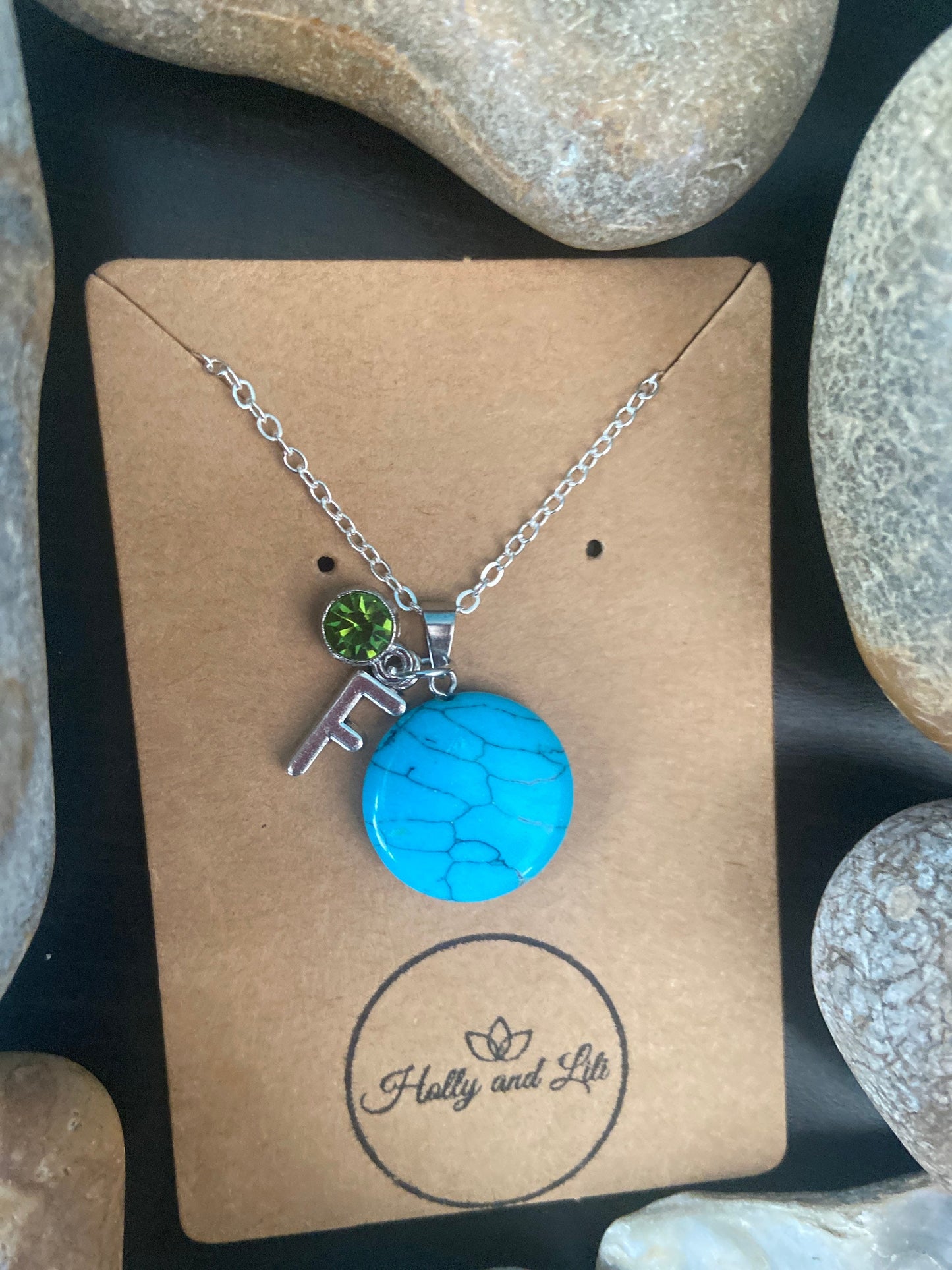 Bohemian Blue Personalised Pendant Necklace, Alphabet Initial, Birthstone Charm, Round Crystal Charm, crystal Agates, Sand Stone Chains