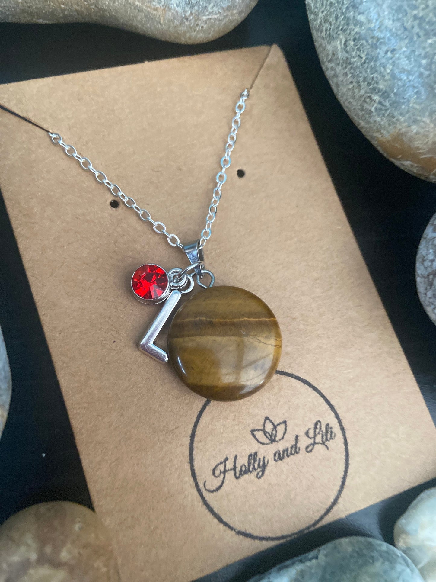 Tigers Eye Crystal Personalised Pendant Necklace, Alphabet Initial, Birthstone Charm, Round Crystal Charm, Crystal Agate, Sand Stone Chains