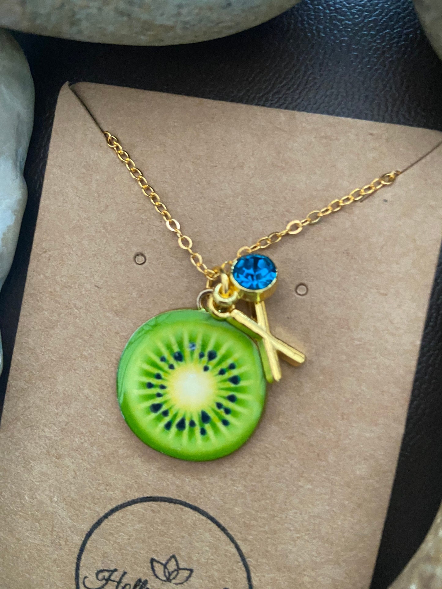 Kiwi Round Fruit Slice, Personalised Pendant Charm Necklace, Alphabet Initials, Birthstone Charms, First Necklace, Unique Gift For Daughter