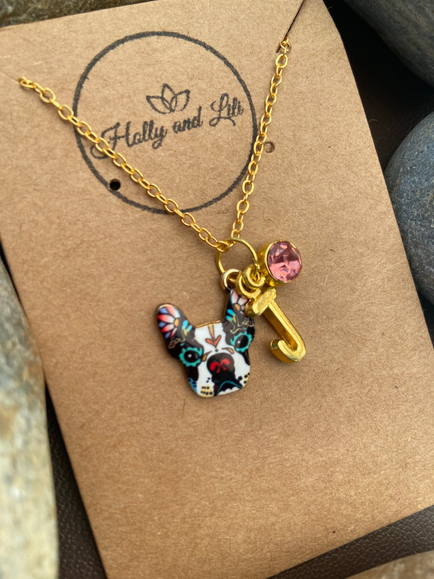 French Bulldog Personalised Pendant Charm Necklace, Alphabet Initials, Birthstone Charm, Bull Dog Chain, Bulldogs Animal Lovers Gift, Doggy