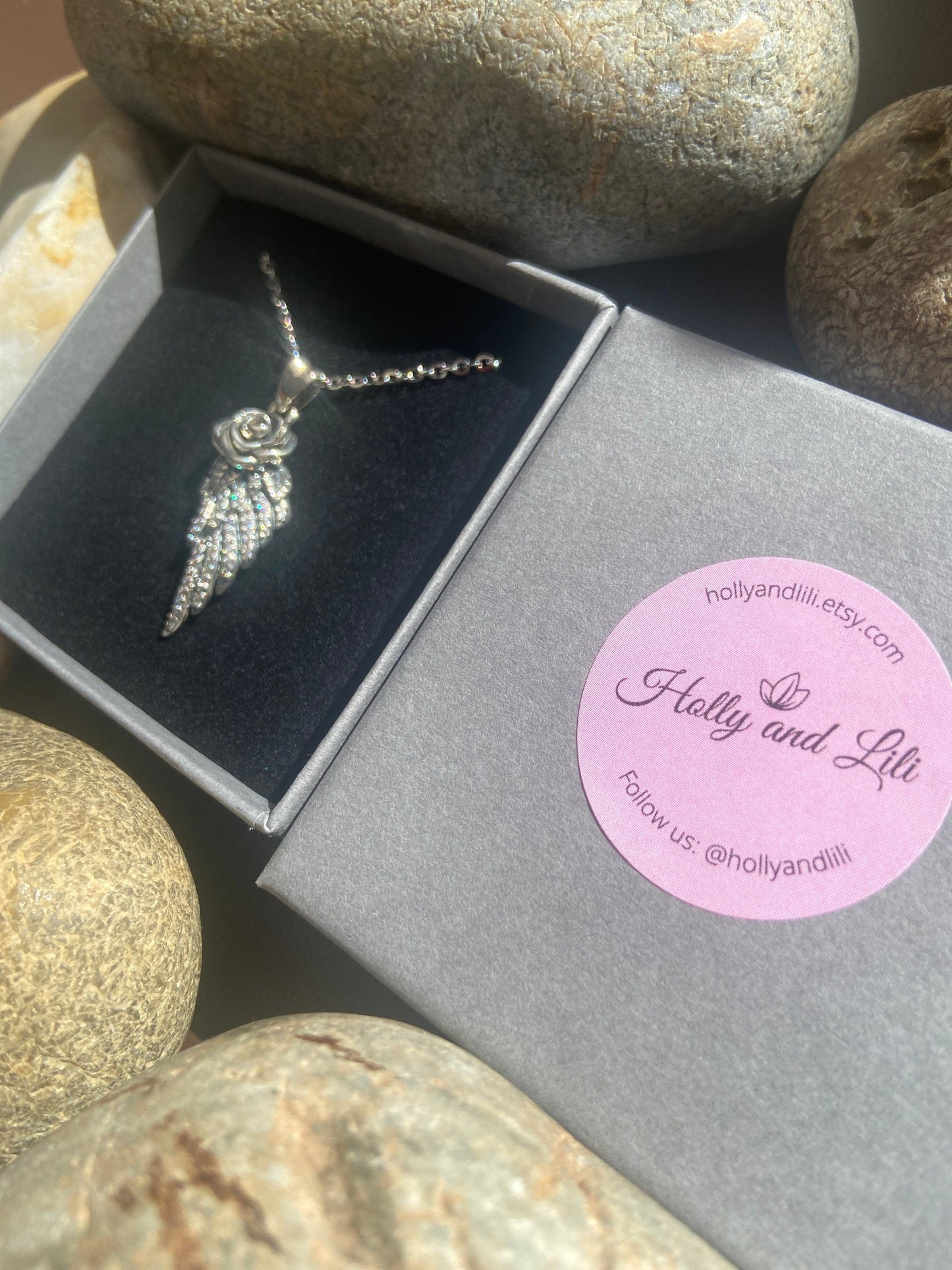 Angel Wing Rose Pendant Necklace, Zirconia, Angel Wing Stirling Silver 925, Guardian Angel Necklace, Eternal Love, For Her, For Wife