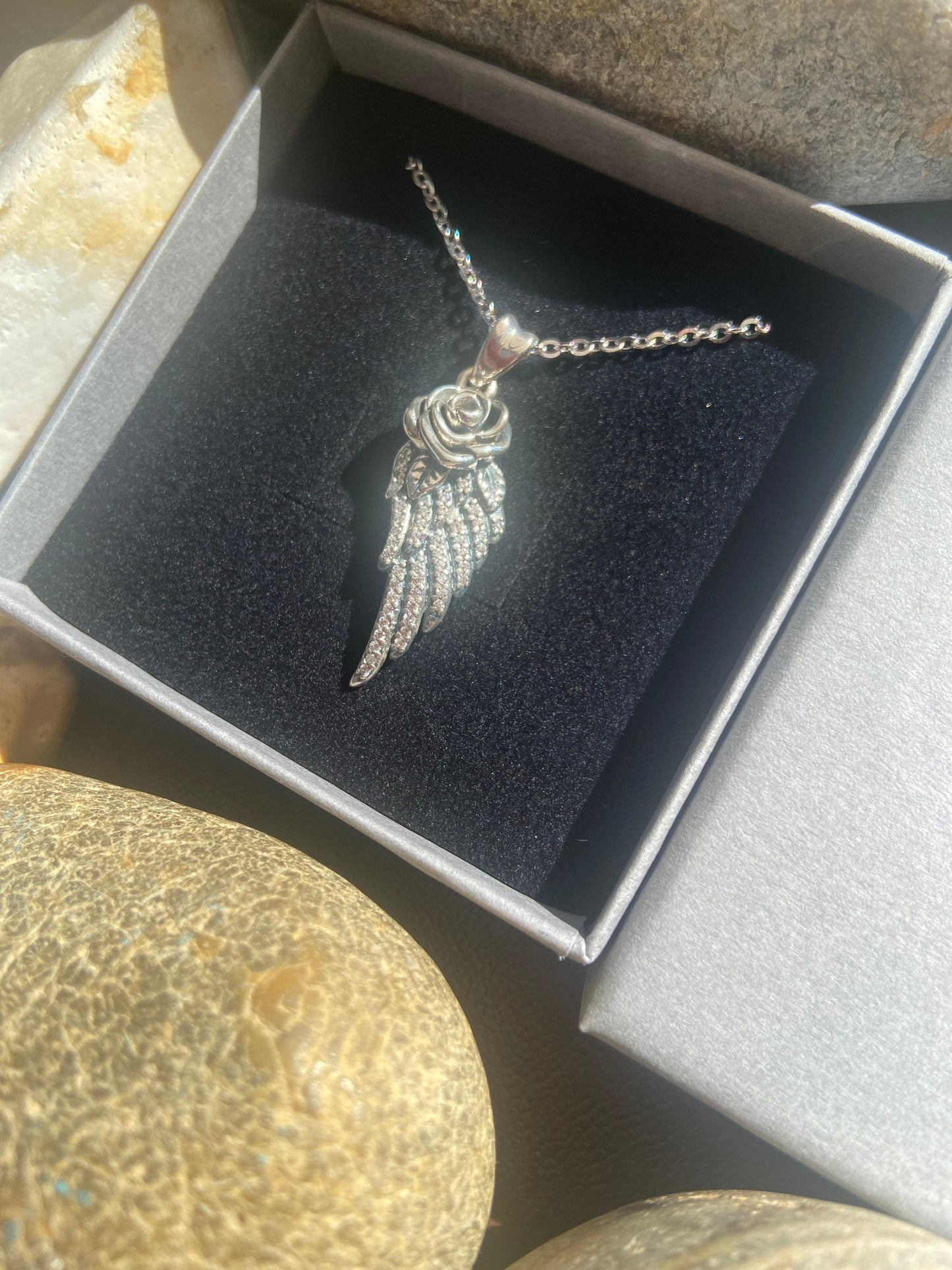 Angel Wing Rose Pendant Necklace, Zirconia, Angel Wing Stirling Silver 925, Guardian Angel Necklace, Eternal Love, For Her, For Wife