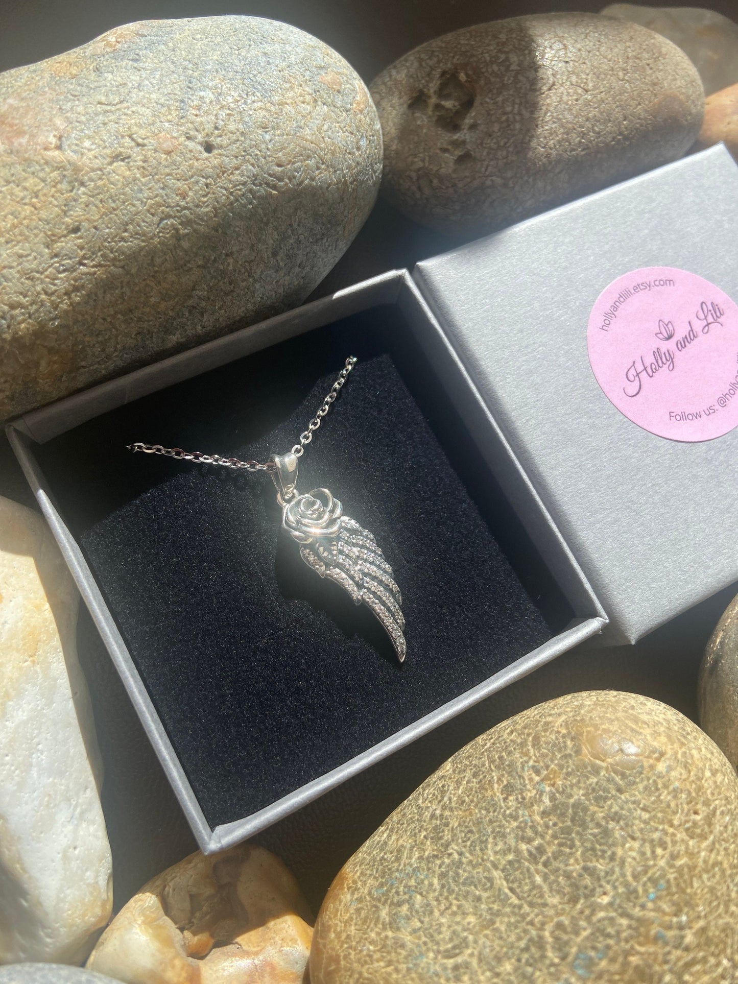 Angel Wing Rose Pendant Necklace, Zirconia, Angel Wing Stirling Silver 925, Guardian Angel Necklace, Eternal Love, For Her, For Wife