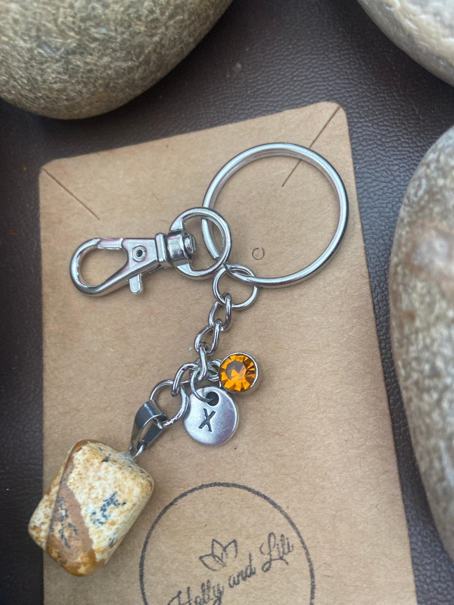 Picture Jasper Crystal Keyring, Alphabet Initial, Jasper Gemstone, Picture Jasper Keychain, Picture Jasper Chain, Birthstone Keyring Gifts