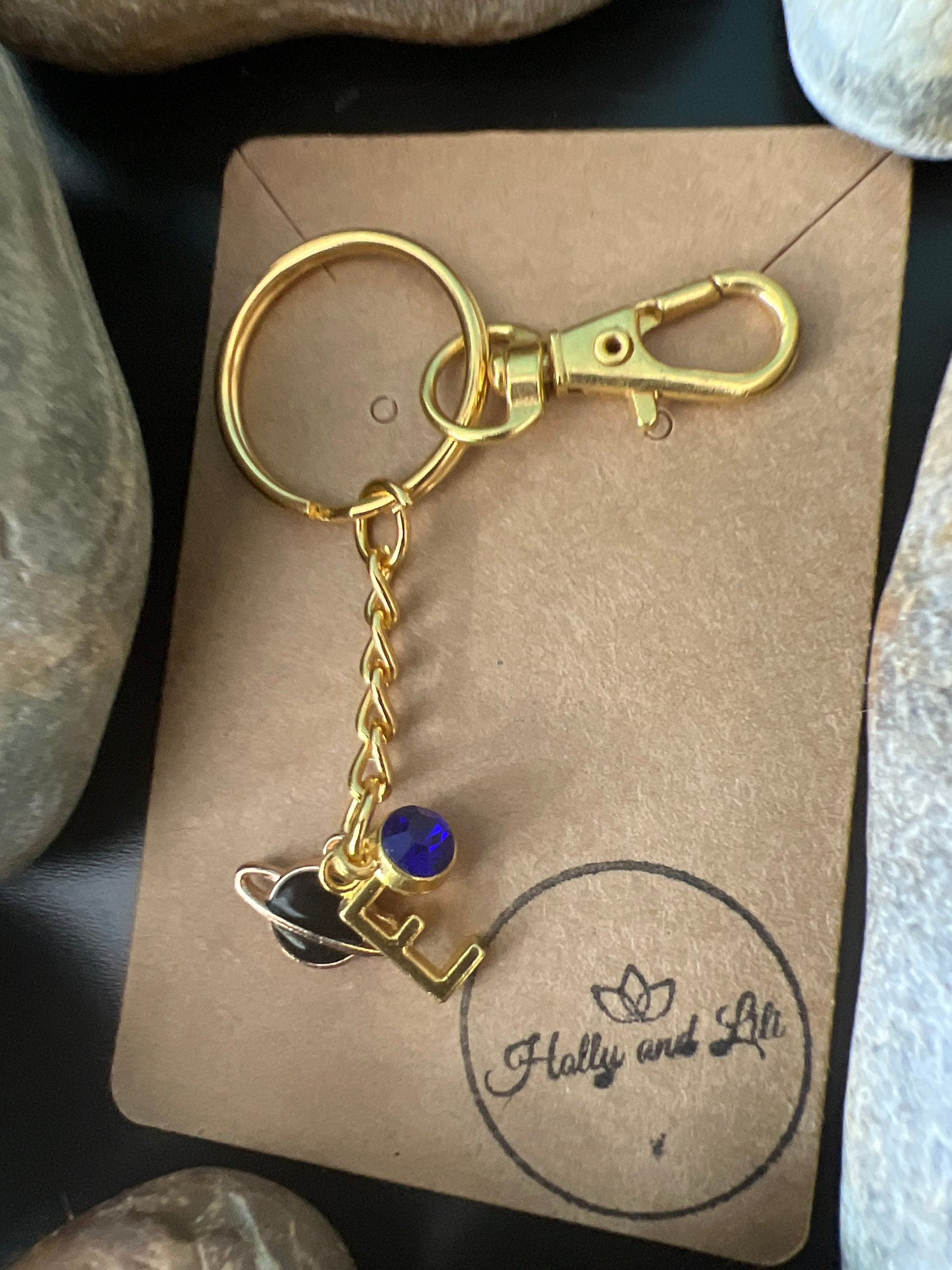 Planet Style Black Personalised Gold Keyring, Black hole Keychain, Alphabet Initials, Birthstone Charm, Galaxy Chain, Outer Space Zipper