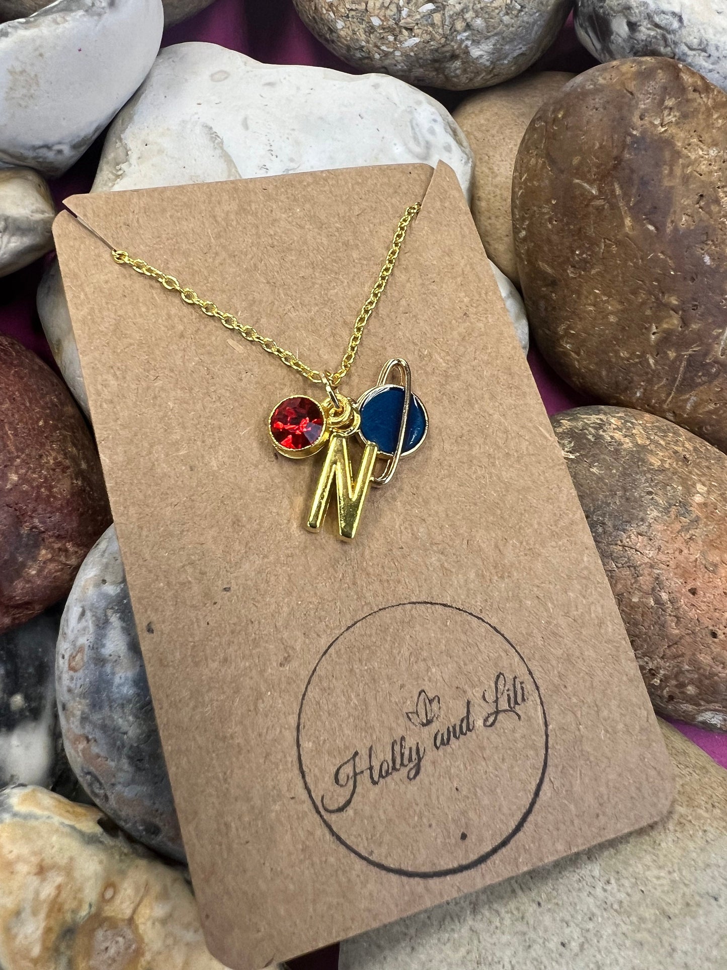 Planet Blue Personalised Pendant Charm Gold Necklace,  Alphabet Initials,  Birthstone Charm, Galaxy, Milky Way, Space, Universe, Planetary