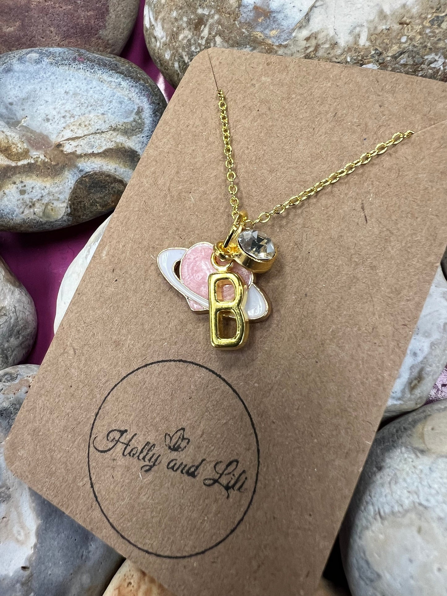 Planet White & Pink Style Personalised planetary Gold Necklace, Alphabet Initials, Birthstone Charm, Galaxy, Solar System, Milky Way