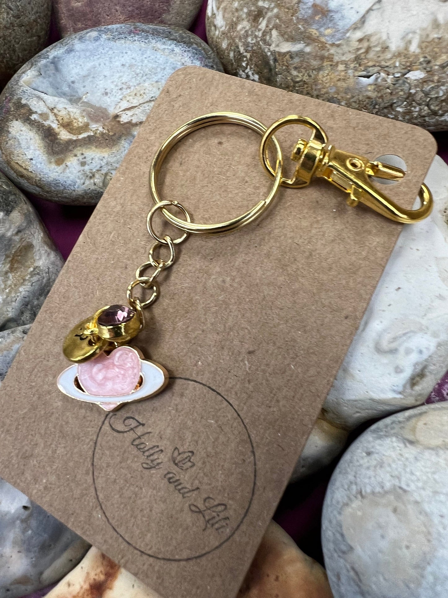 Planet Style White & Pink Personalised Gold Keyring, Galaxy Keychain, Space Zipper Chain, Alphabet Initials, Birthstone Charm, Space Gifts