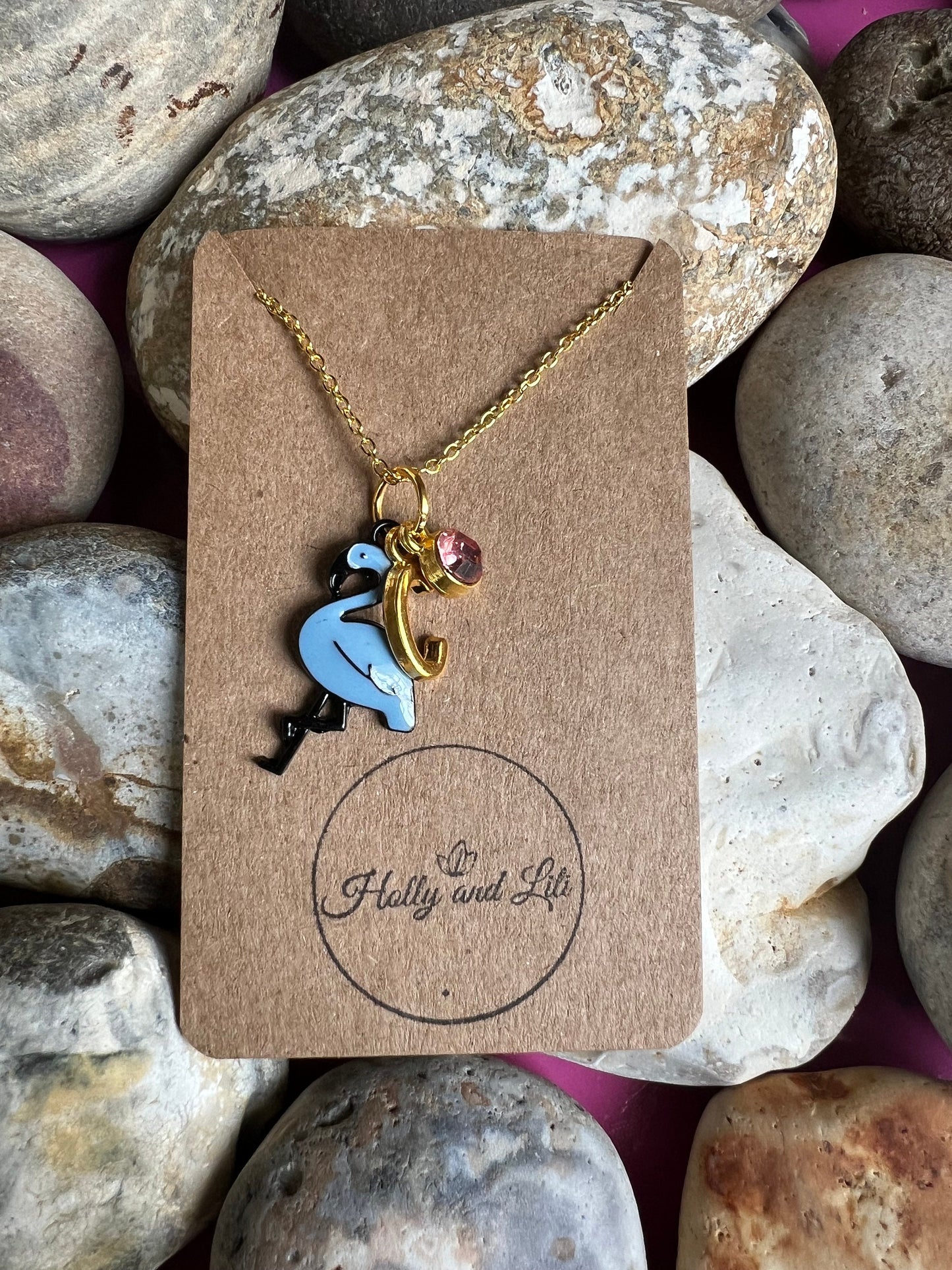 Flamingo Blue Personalised Pendant Animal Charm Gold Necklace, Alphabet Initials, Birthstone Charm, Flamingo Gift, Flamingo Necklace & Gift