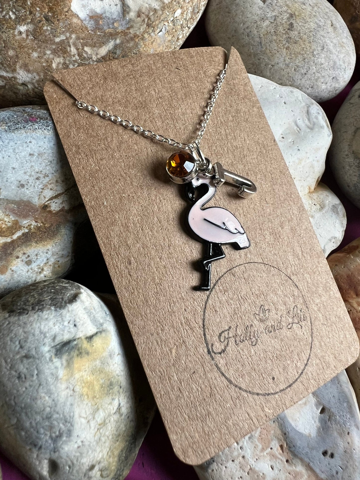 Flamingo Light Pink Personalised Pendant Animal Charm Gold Necklace, Alphabet Initials, Birthstone, Flamingo Gift, Flamingo Necklace & Gift