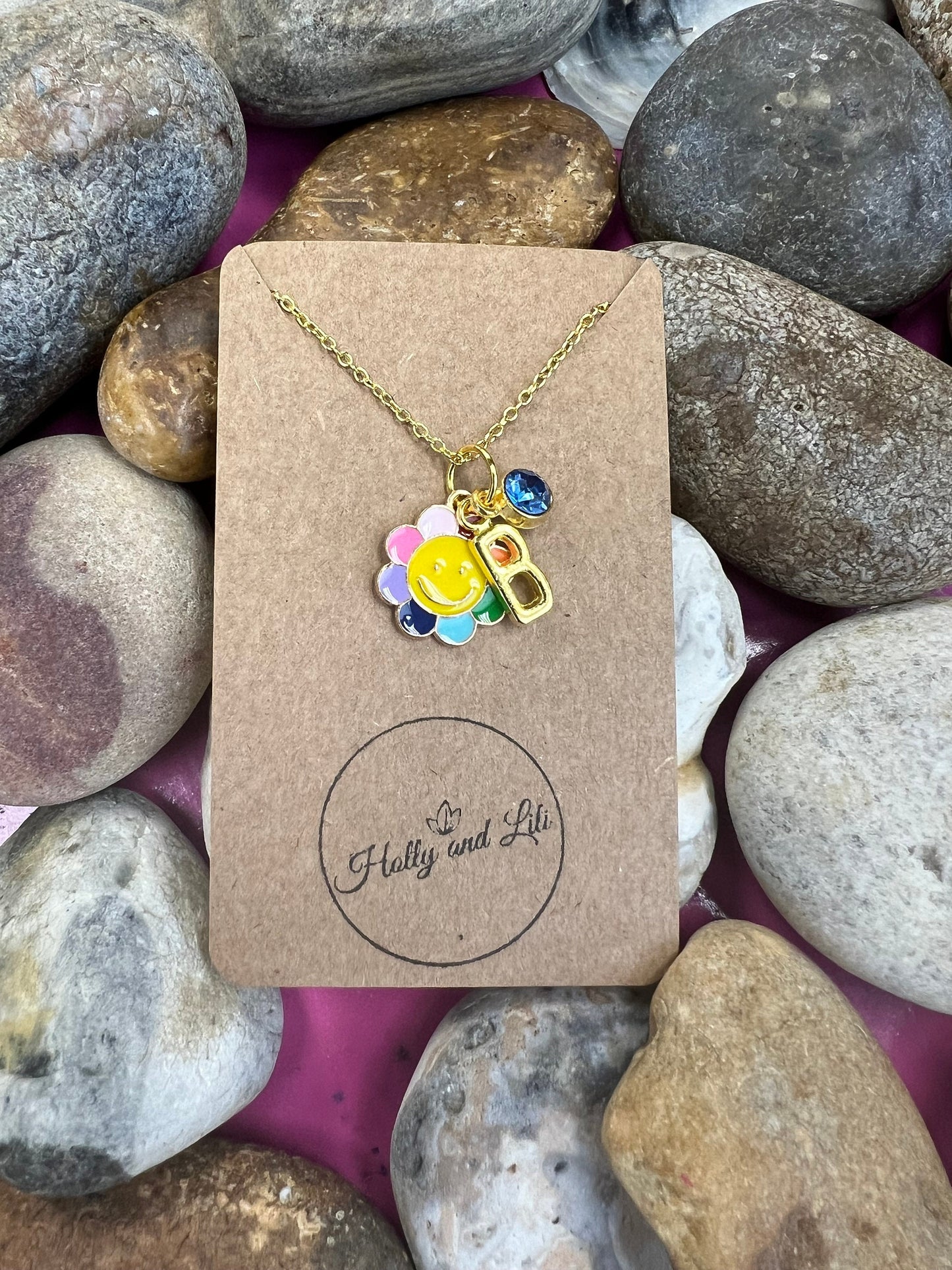 Daisy Happy Face Personalised Pendant Flower Charm Gold Necklace, Alphabet Initials, Birthstone Charm, Flowers Gift, Pretty Daisies