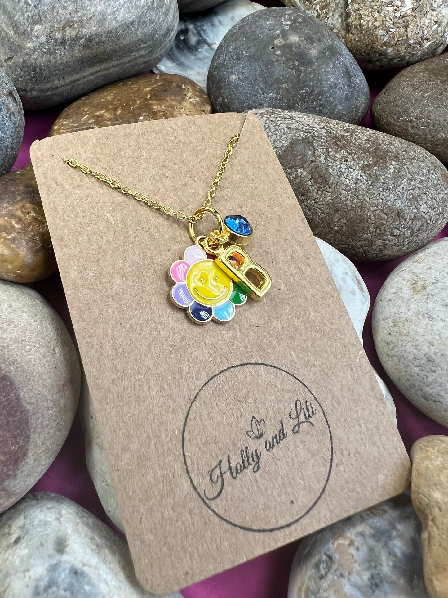 Daisy Happy Face Personalised Pendant Flower Charm Gold Necklace, Alphabet Initials, Birthstone Charm, Flowers Gift, Pretty Daisies