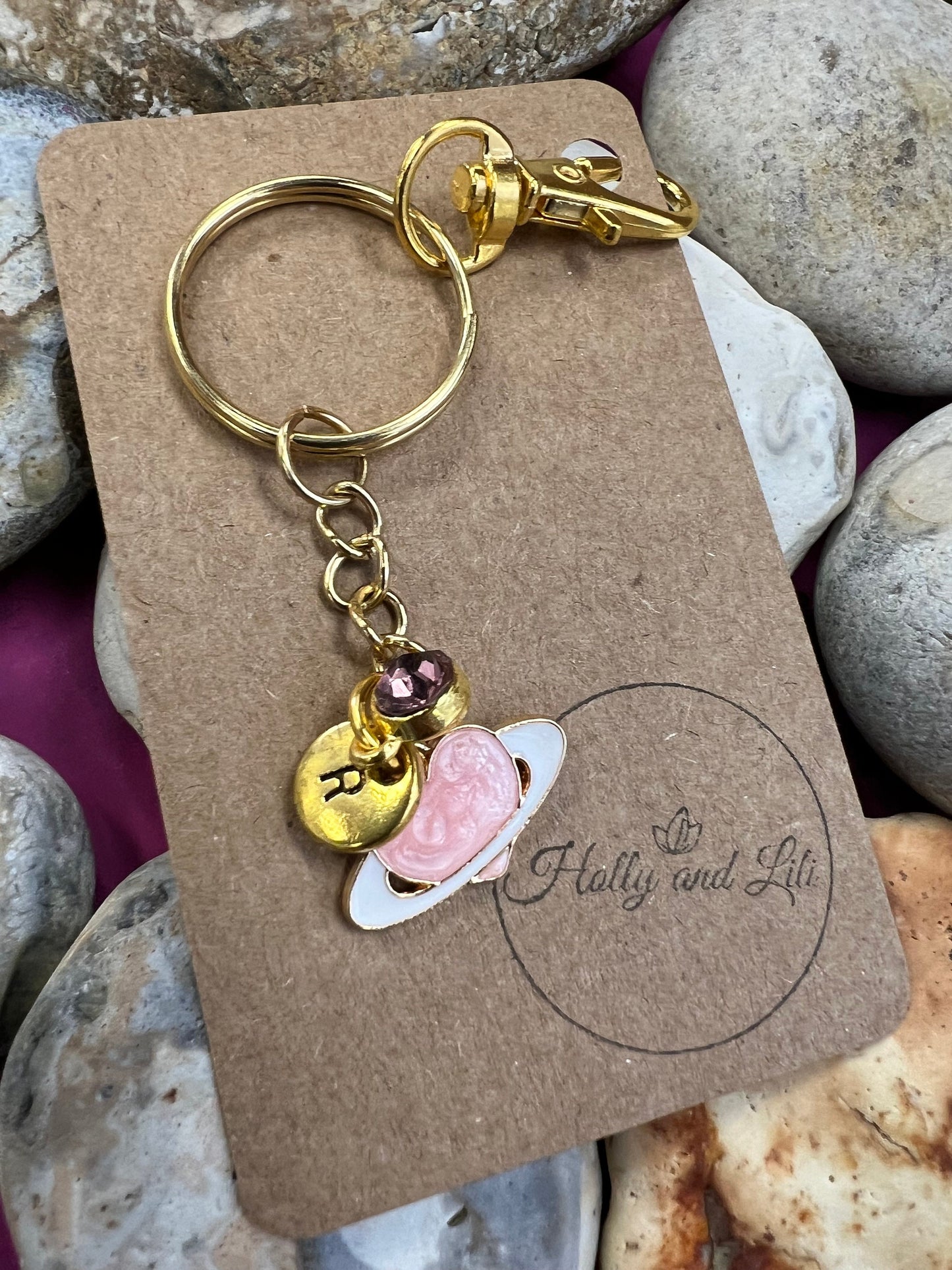 Planet Style White & Pink Personalised Gold Keyring, Galaxy Keychain, Space Zipper Chain, Alphabet Initials, Birthstone Charm, Space Gifts