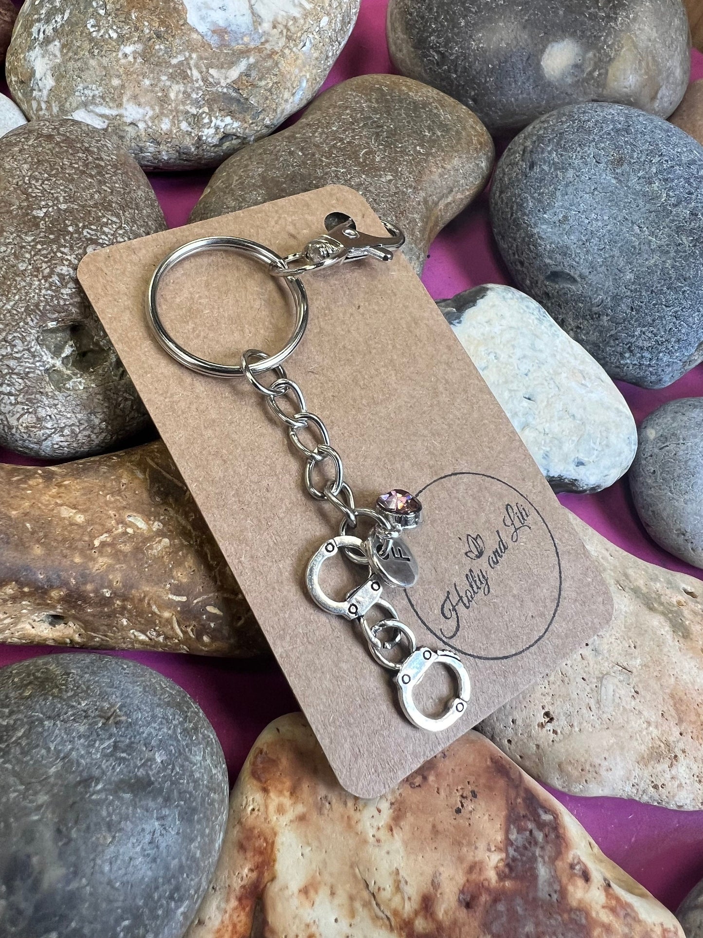 Handcuffs Personalised Keychain, Handcuff Keyring, Hand Cuffs Alphabet Initials, Birthstone Charm, Police Gifts, Cuffs Zipper Chain