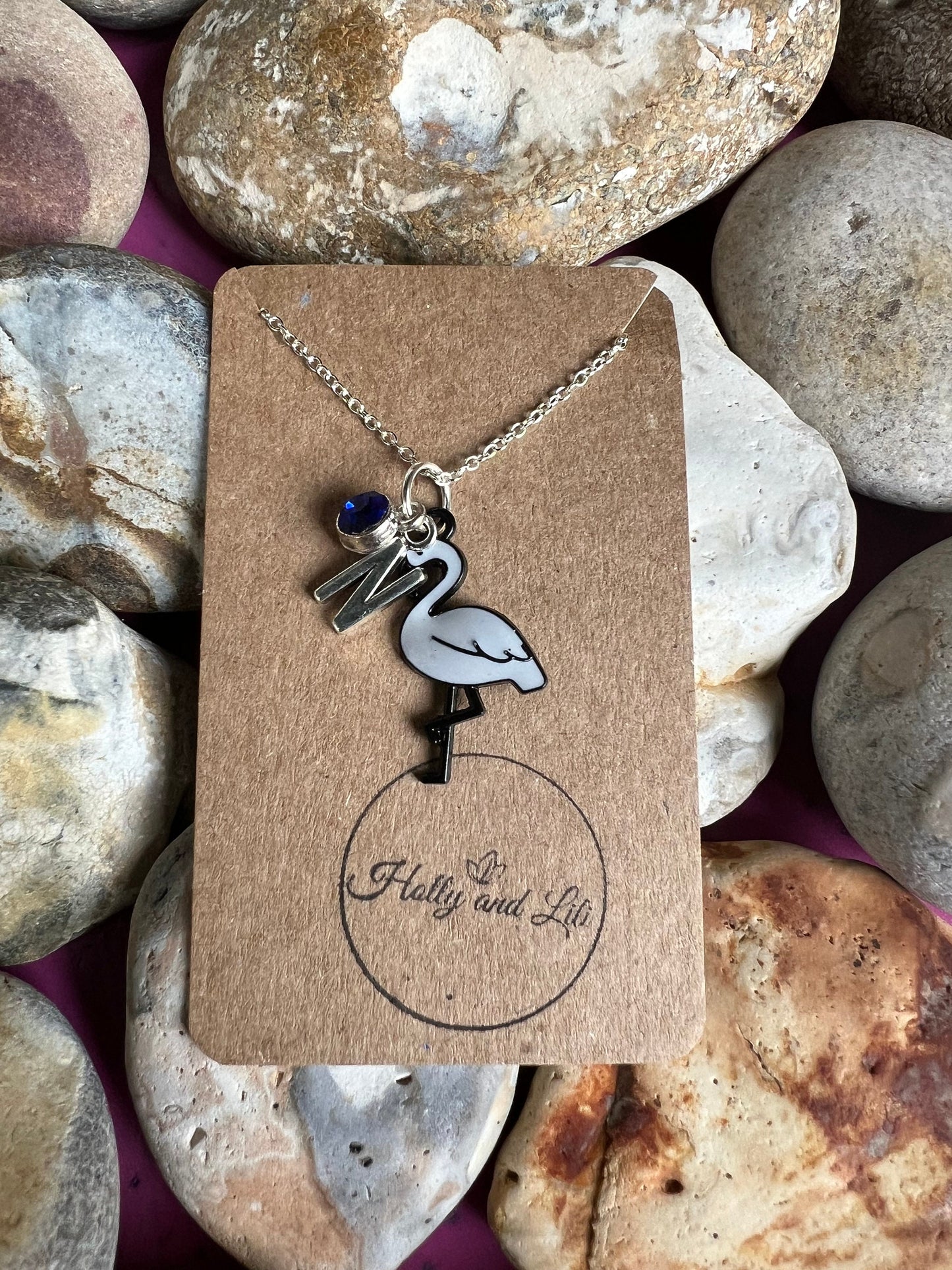 Flamingo Grey Personalised Pendant Animal Charm Gold Necklace, Alphabet Initials, Birthstone Charm, Flamingo Gift, Flamingo Necklace & Gift