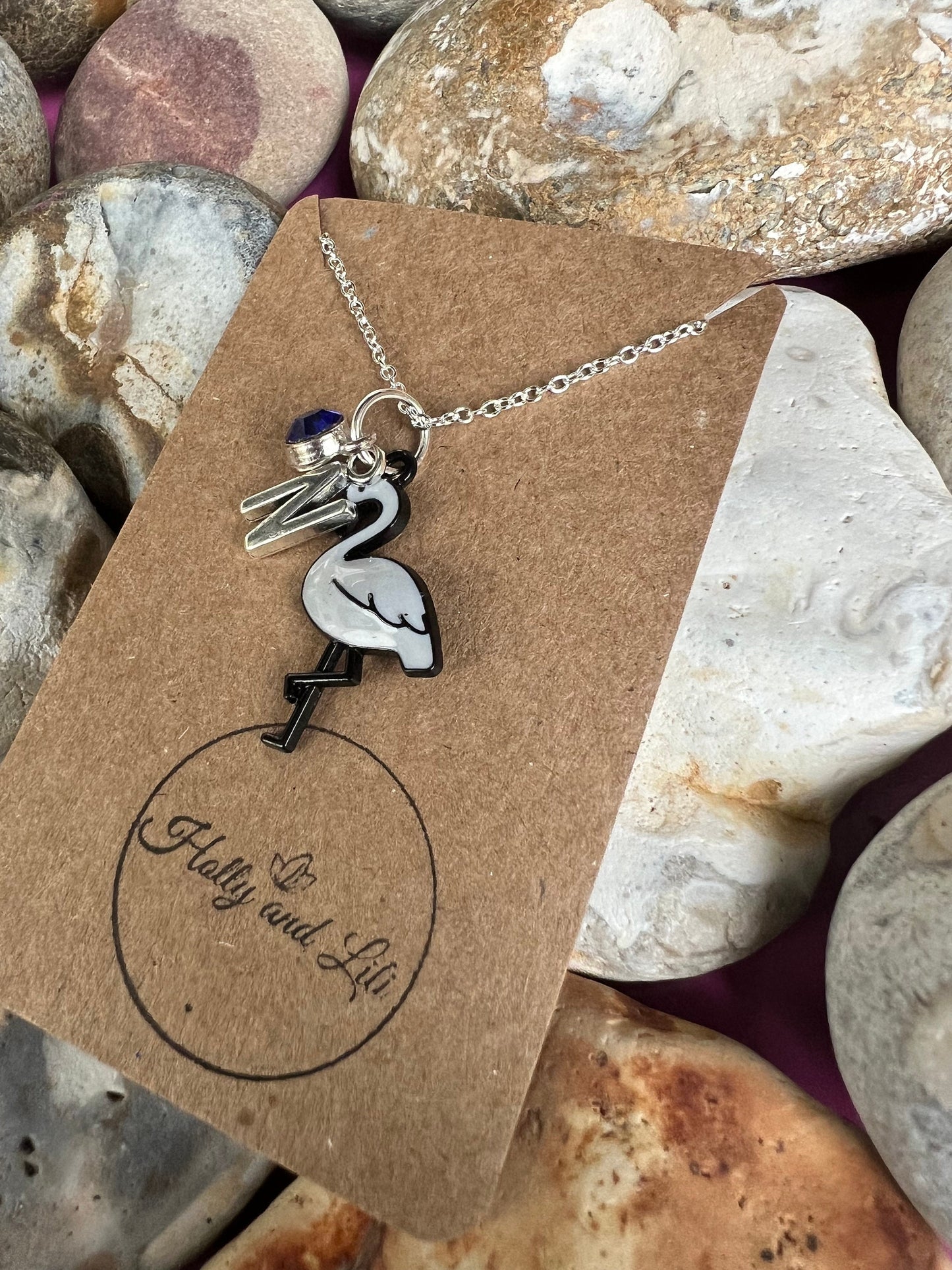 Flamingo Grey Personalised Pendant Animal Charm Gold Necklace, Alphabet Initials, Birthstone Charm, Flamingo Gift, Flamingo Necklace & Gift