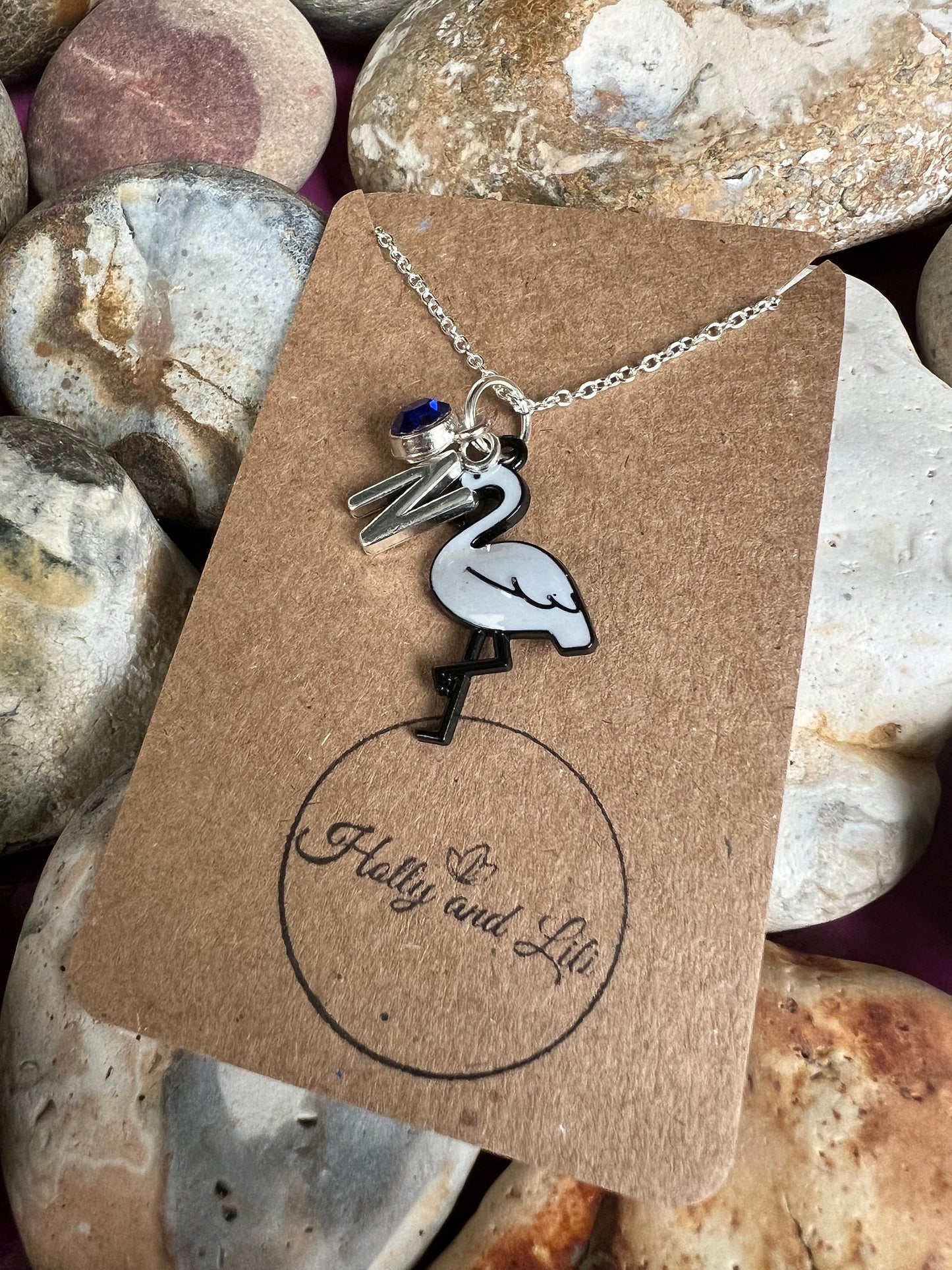 Flamingo Grey Personalised Pendant Animal Charm Gold Necklace, Alphabet Initials, Birthstone Charm, Flamingo Gift, Flamingo Necklace & Gift