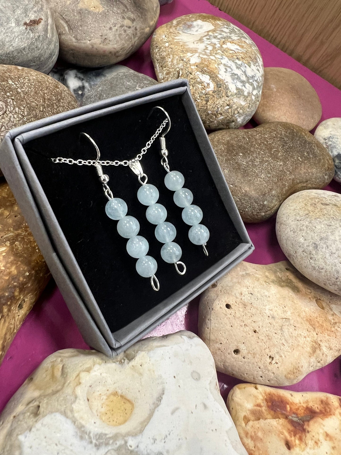 Birthstone Crystal Aquamarine Bead Drop And Dangle Earrings, Healing 925 Earrings, Sterling Silver 925, Birthday Jewellery Gift Set March