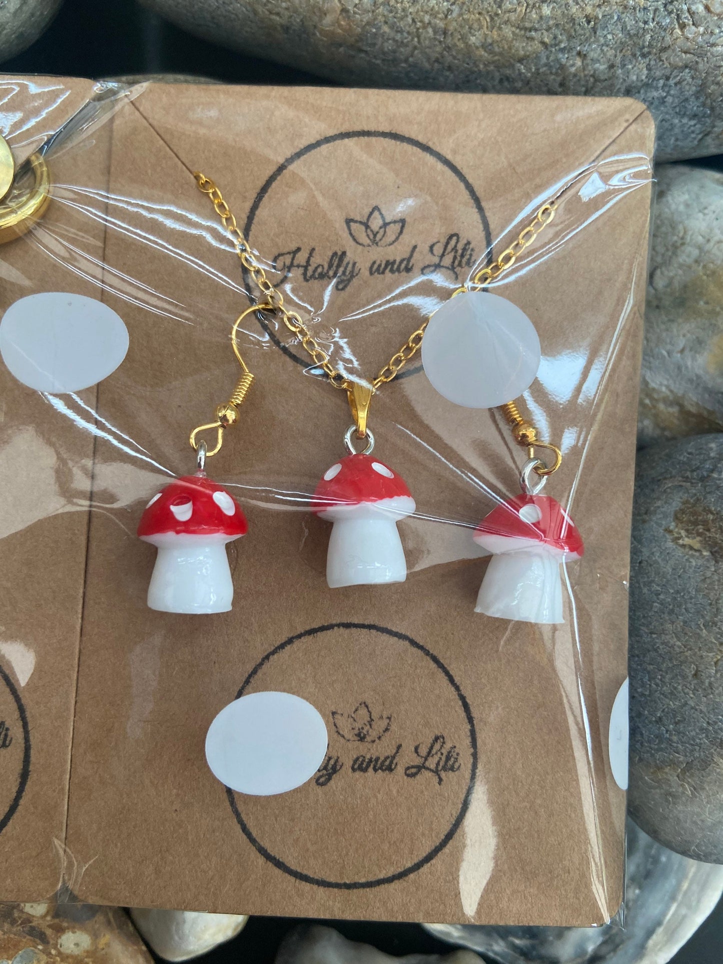 Mushroom In Red Novelty Gift Set , Mini Mushroom Gift set, Mushroom earrings, Mushroom Necklace, - 3 Piece Jewellery Set , Polka Dot wrap