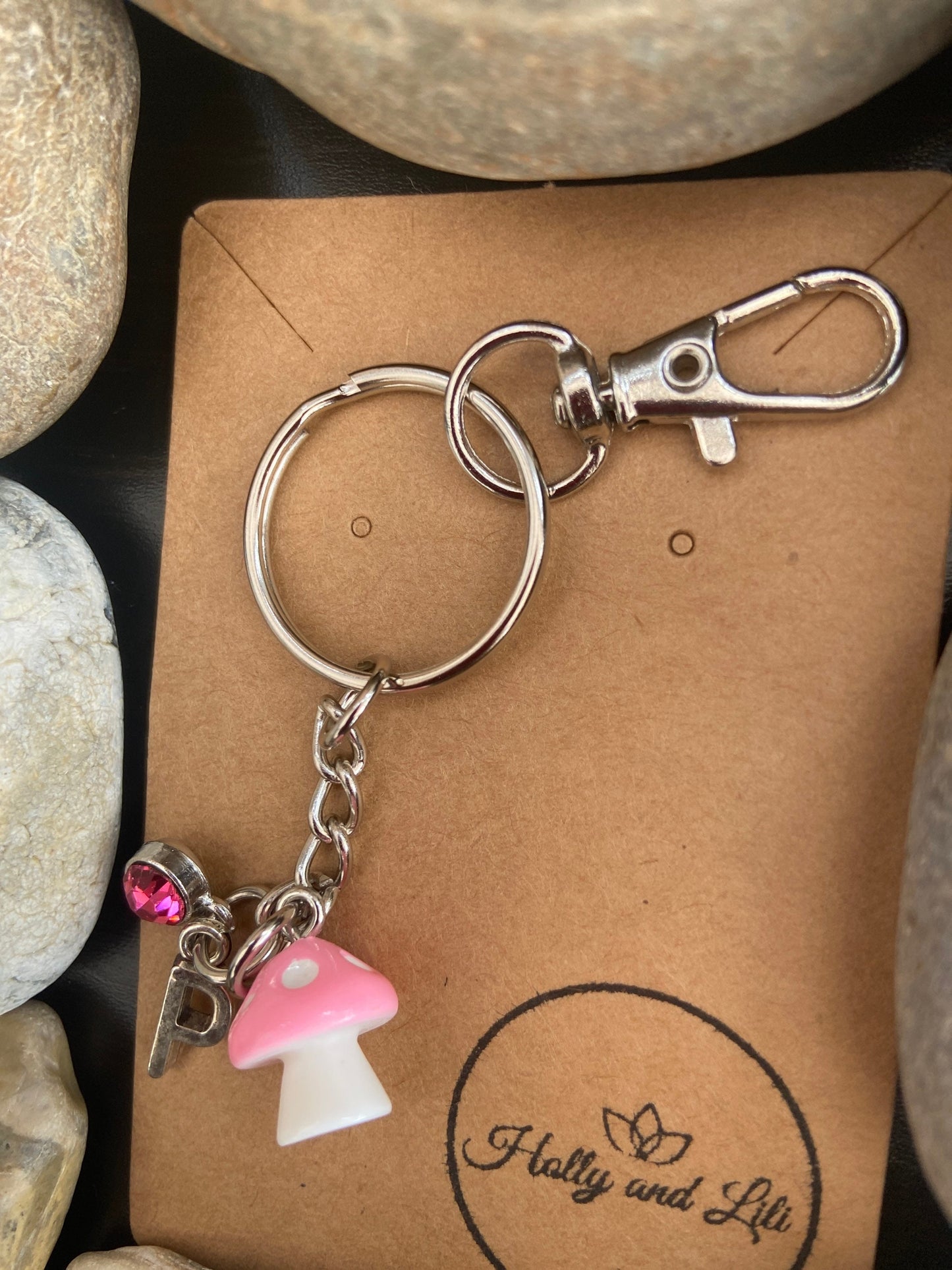 Mini Mushroom Pink charm Personalised keychain, Shroom Keyring, Mushy Keyring, Alphabetical Initial, Birthstone Charm, Toadstool Keyring