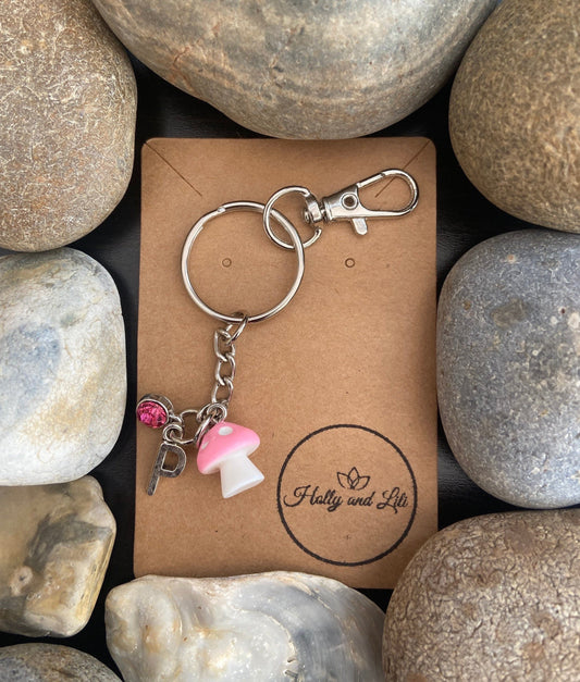 Mini Mushroom Pink charm Personalised keychain, Shroom Keyring, Mushy Keyring, Alphabetical Initial, Birthstone Charm, Toadstool Keyring