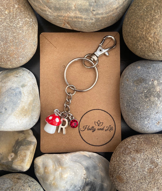 Mini Mushroom Red Personalised keychain, Shroom Keyring, Mushy Gifts, Toadstool Novelty Key-ring, Alphabetical Initial, Birthstone Charm