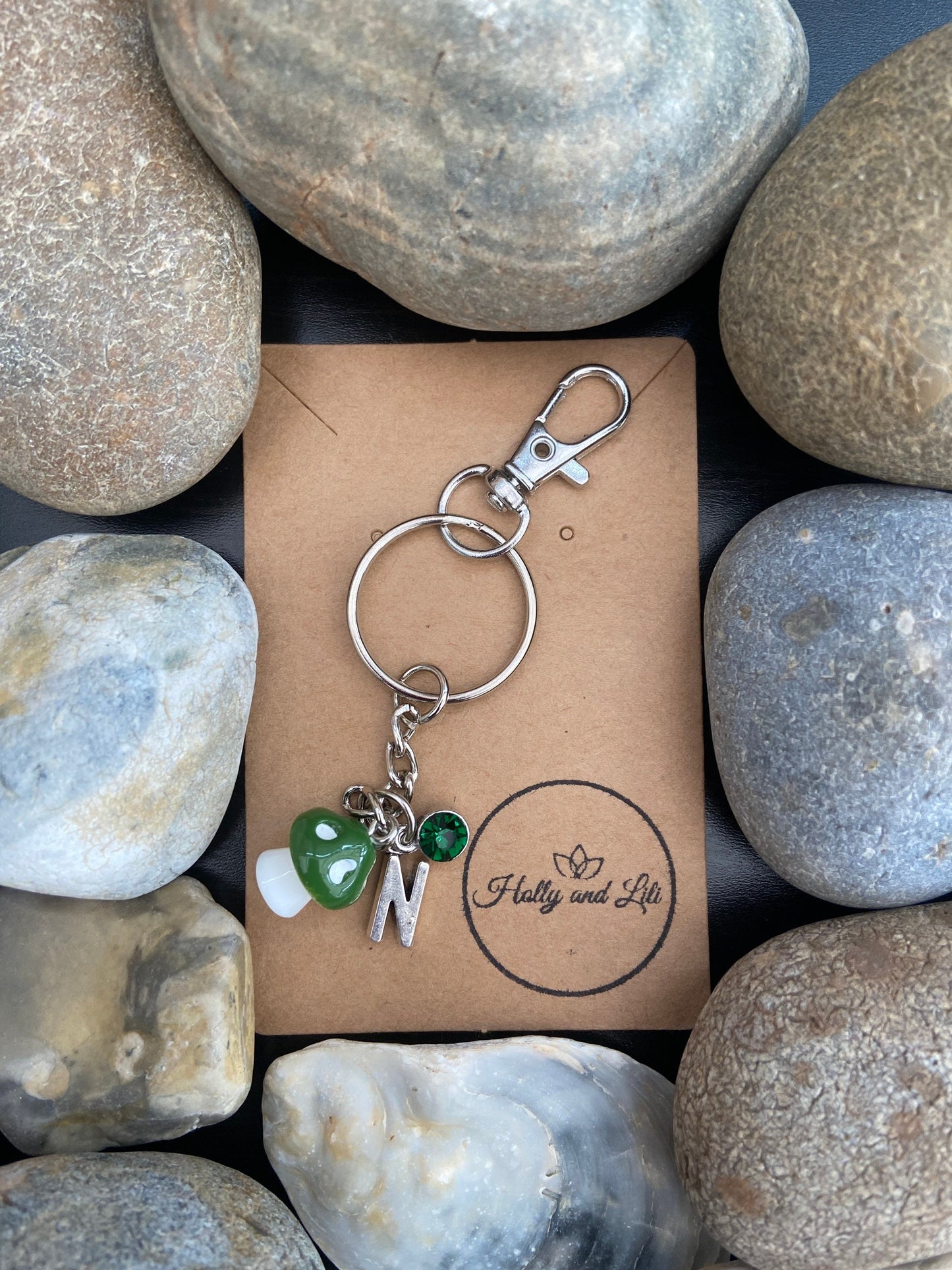 Green Mushroom charm Personalised keychain Keyring With Hook Clasp - Alphabetical Initial & Birthstone Charms From Holly And Lili